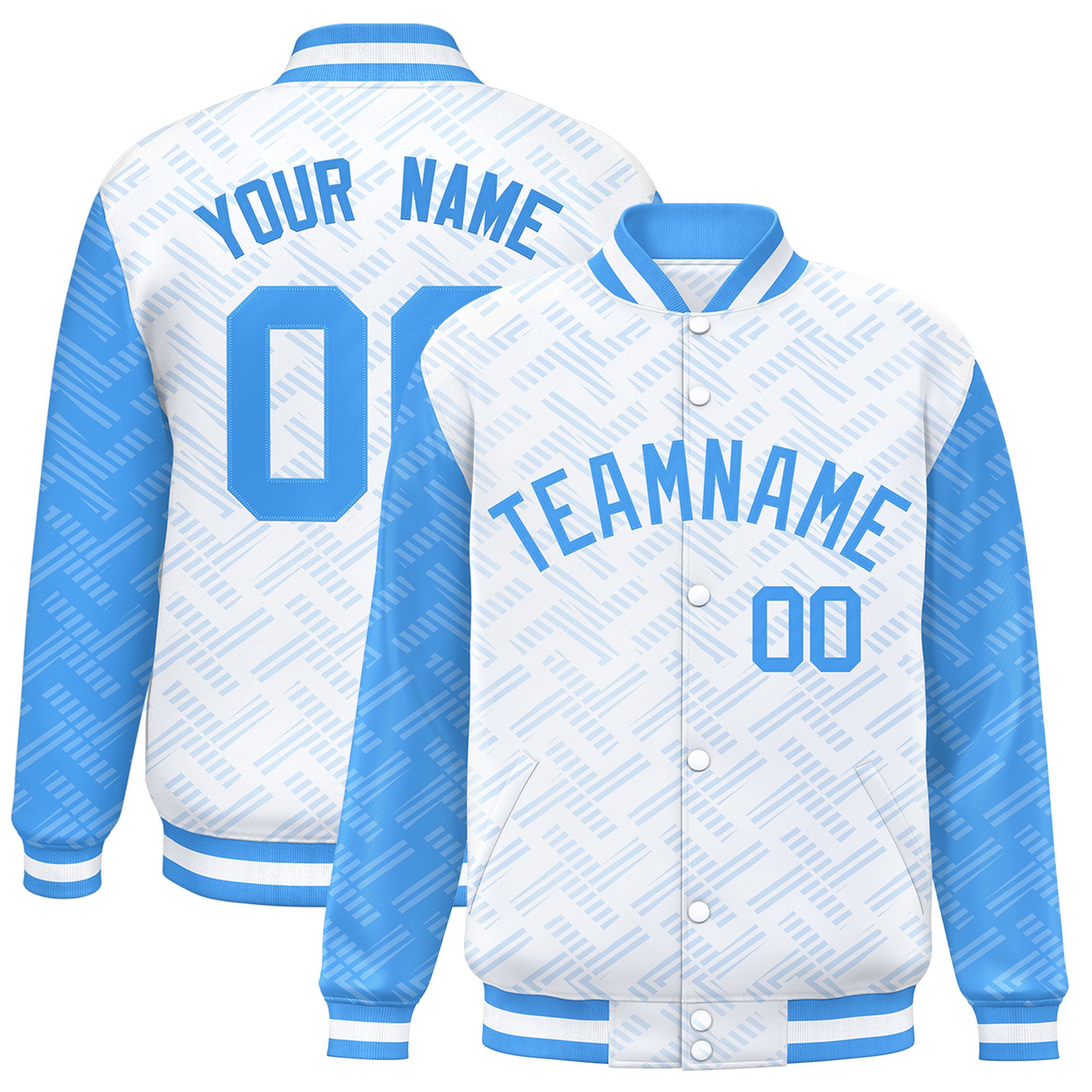 Custom White Powder Blue L Pattern Varsity Raglan Sleeves Full-Snap Letterman Baseball Jacket