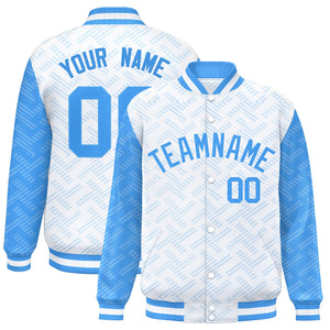 Custom White Powder Blue L Pattern Varsity Raglan Sleeves Full-Snap Letterman Baseball Jacket