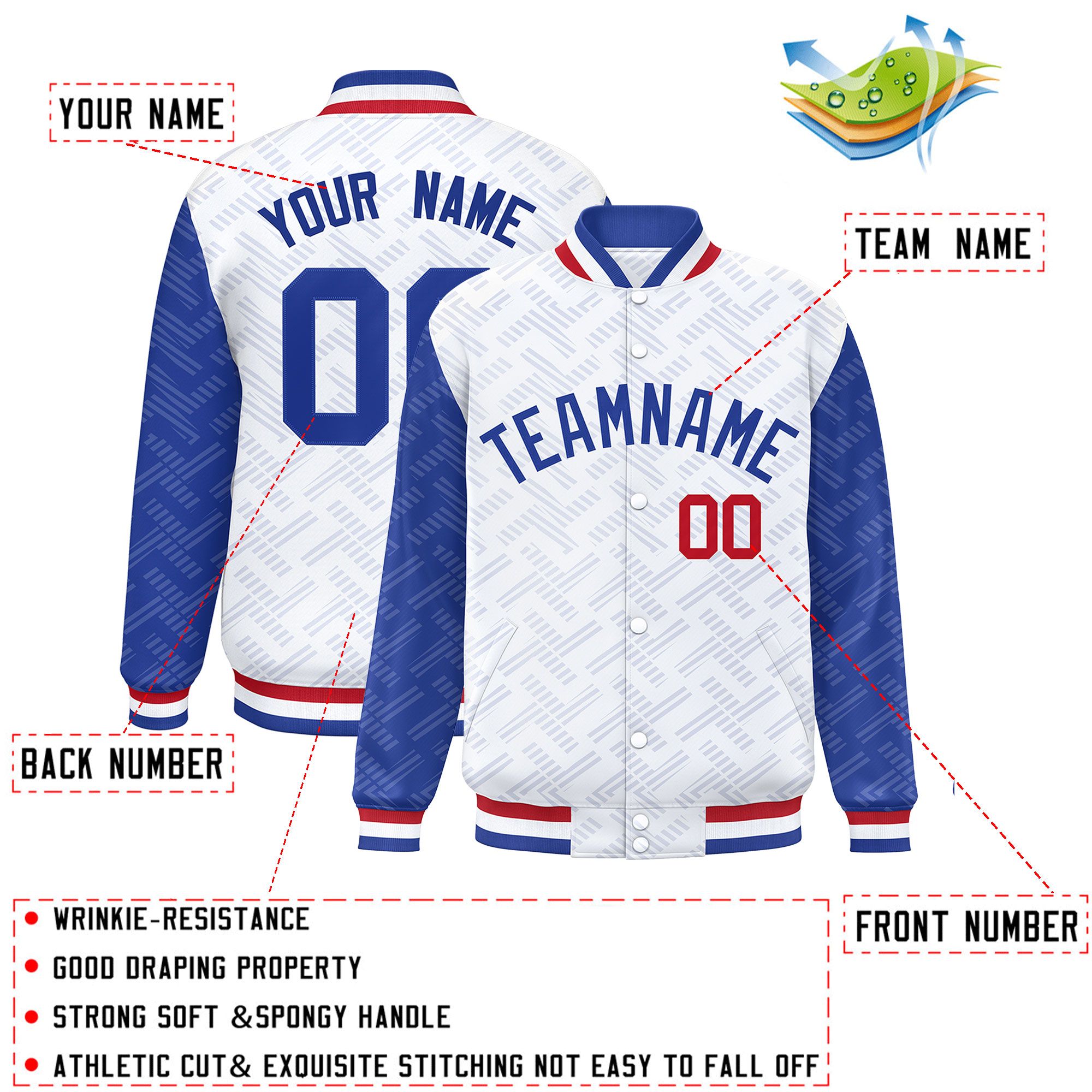 Custom White Royal L Pattern Varsity Raglan Sleeves Full-Snap Letterman Baseball Jacket