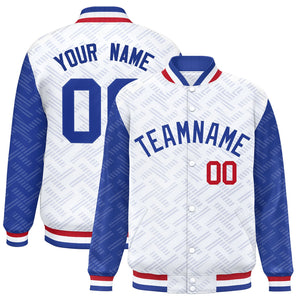 Custom White Royal L Pattern Varsity Raglan Sleeves Full-Snap Letterman Baseball Jacket