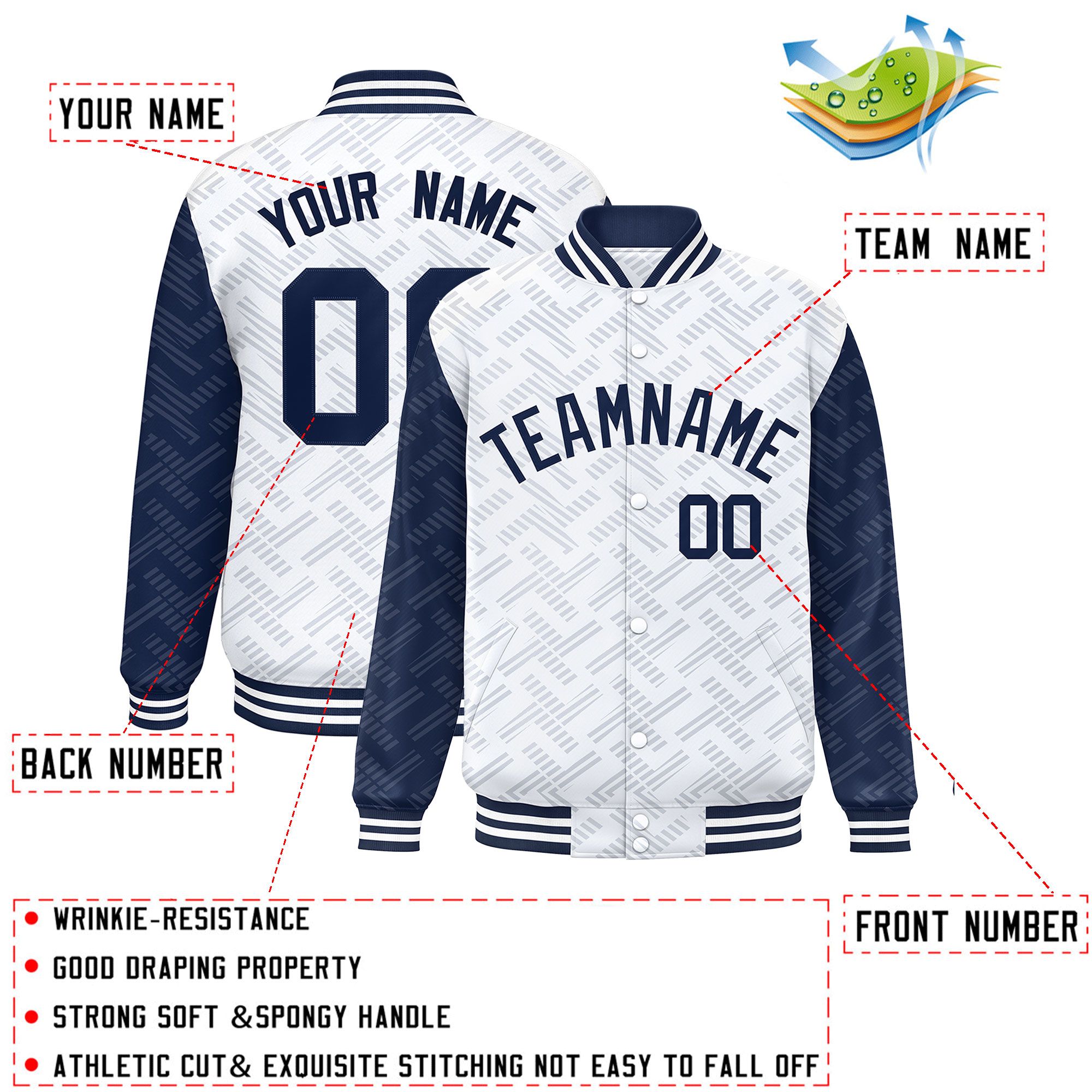 Custom White Navy L Pattern Varsity Raglan Sleeves Full-Snap Letterman Baseball Jacket