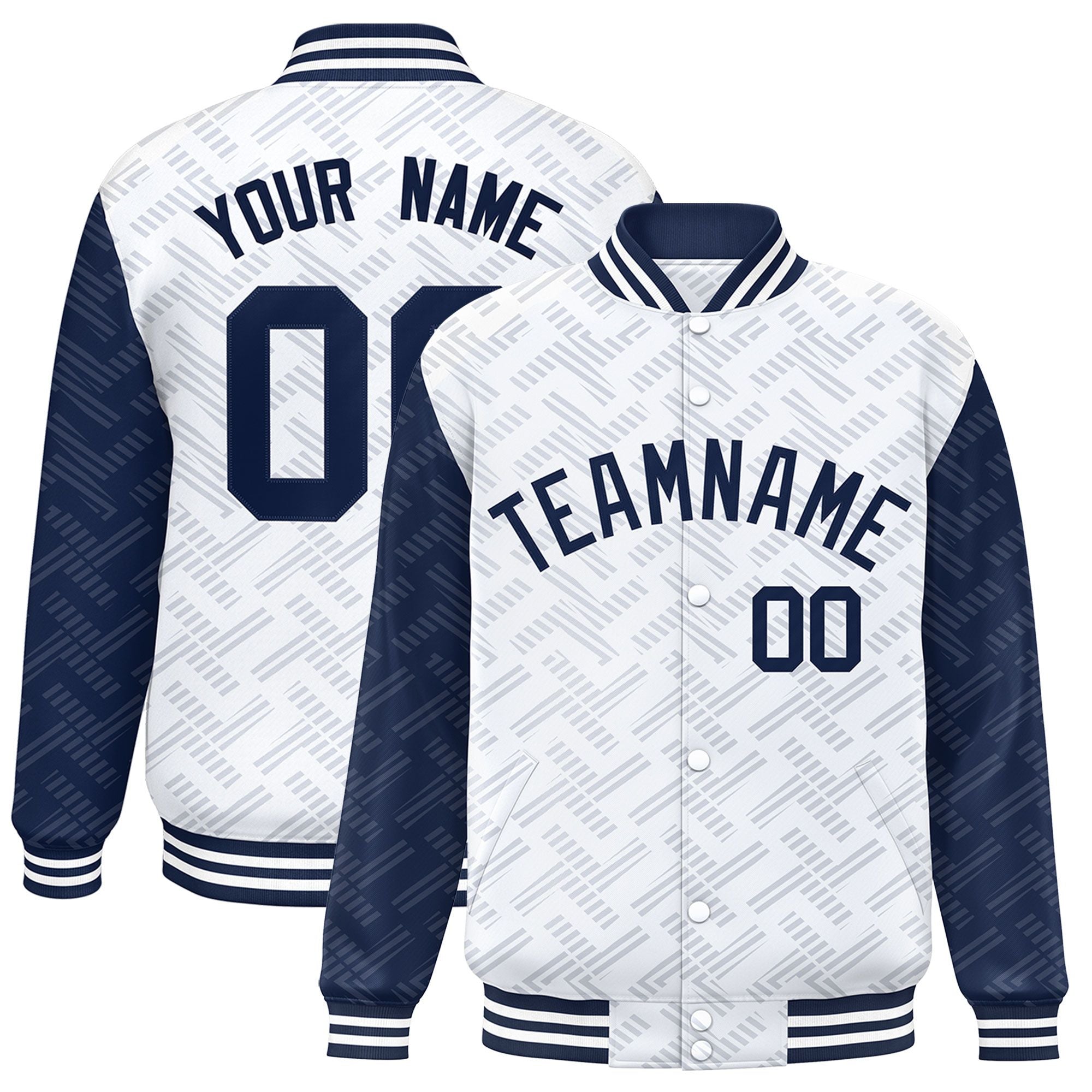 Custom White Navy L Pattern Varsity Raglan Sleeves Full-Snap Letterman Baseball Jacket