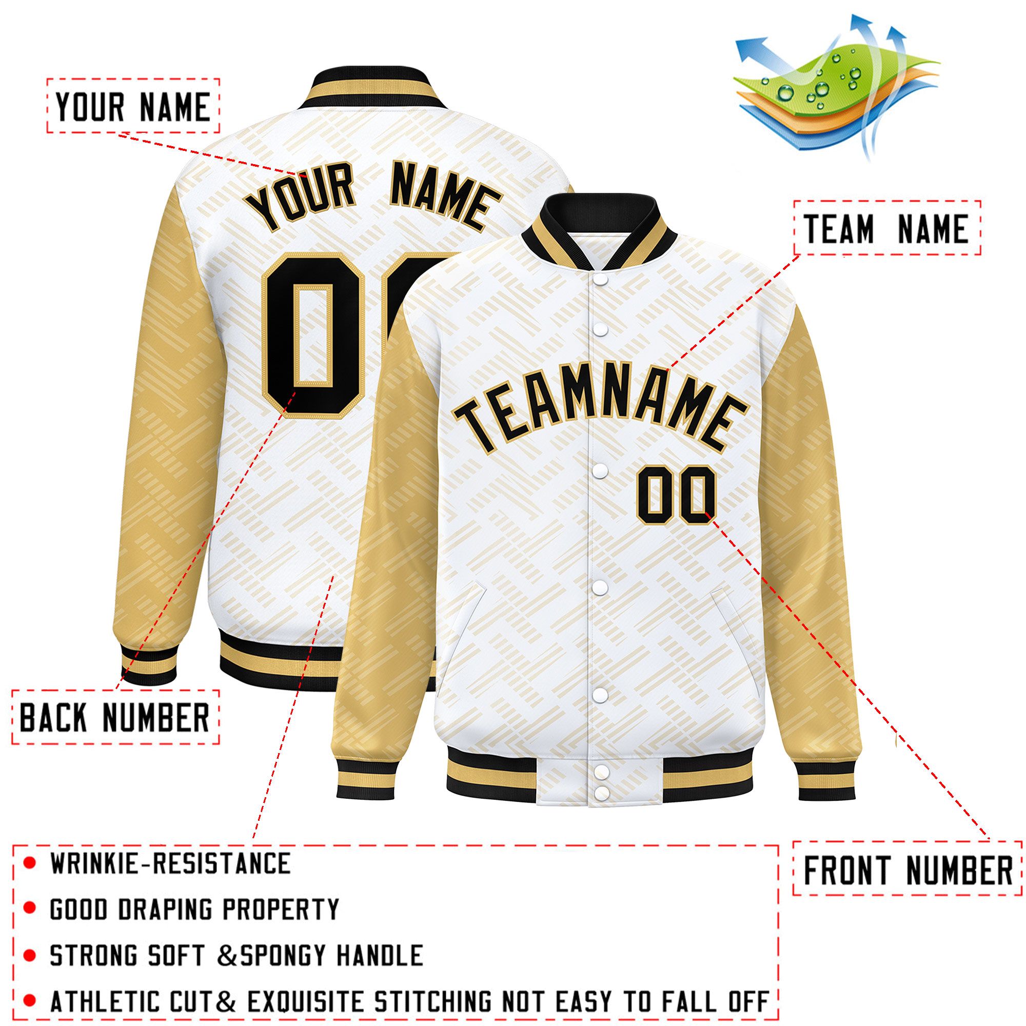 Custom White Old Gold L Pattern Varsity Raglan Sleeves Full-Snap Letterman Baseball Jacket