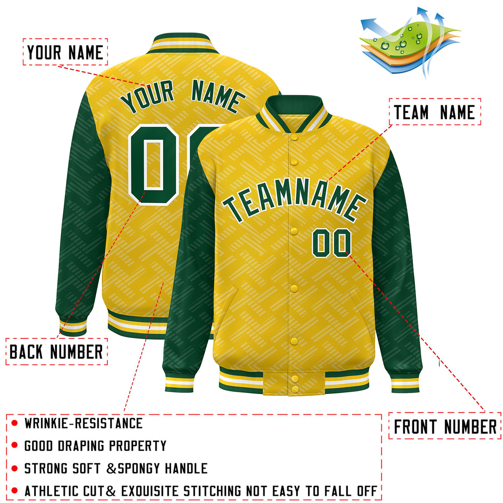 Custom Gold Green L Pattern Varsity Raglan Sleeves Full-Snap Letterman Baseball Jacket