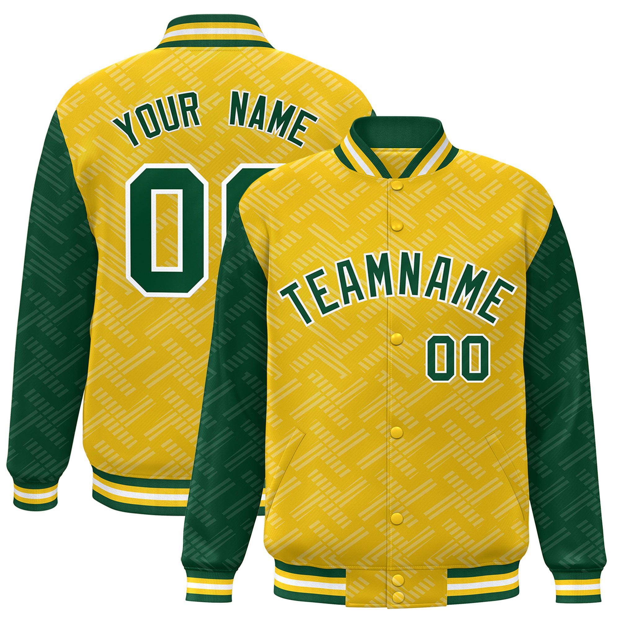 Custom Gold Green L Pattern Varsity Raglan Sleeves Full-Snap Letterman Baseball Jacket