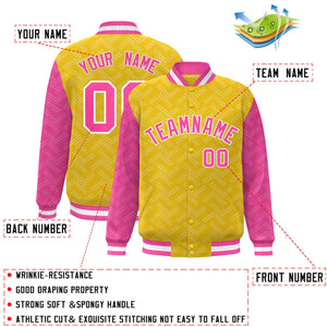 Custom Gold Pink L Pattern Varsity Raglan Sleeves Full-Snap Letterman Baseball Jacket