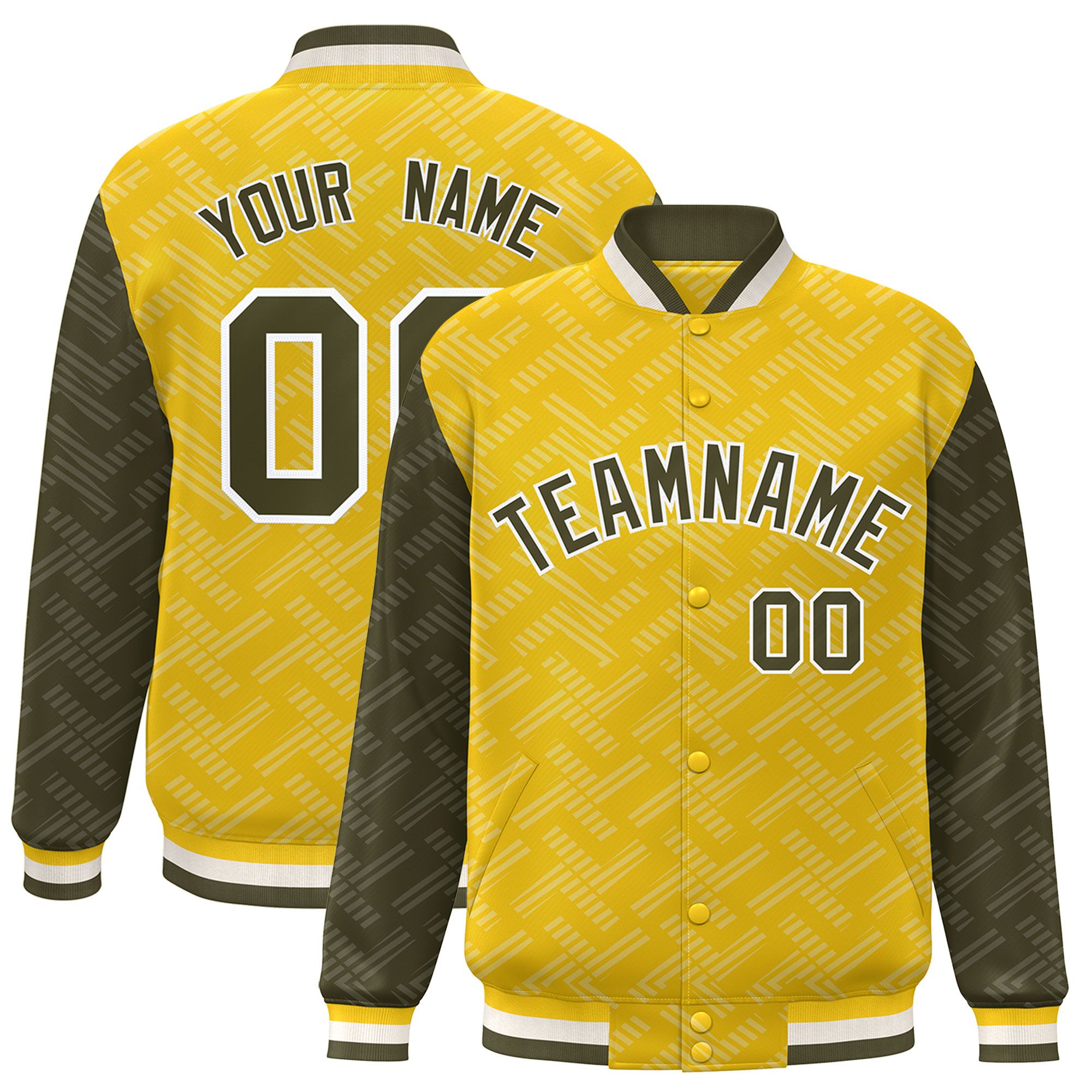 Custom Gold Olive L Pattern Varsity Raglan Sleeves Full-Snap Letterman Baseball Jacket