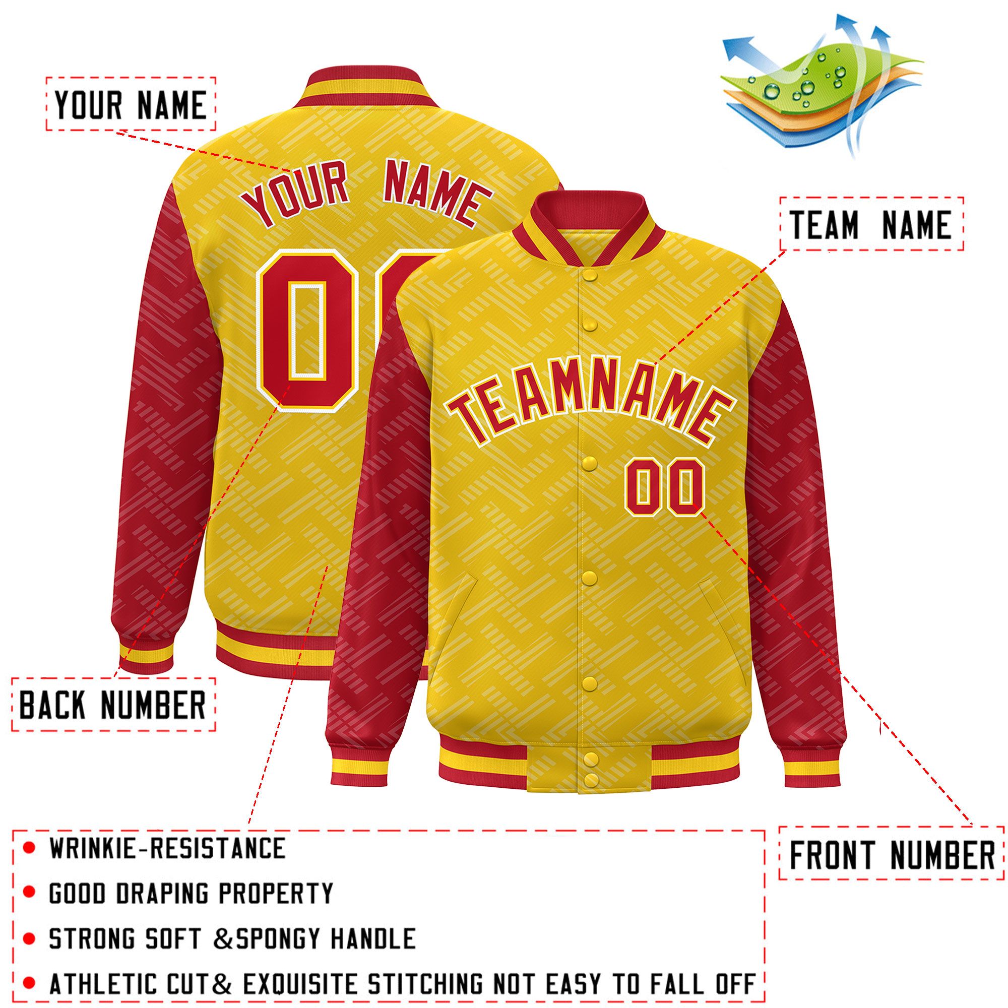 Custom Gold Red L Pattern Varsity Raglan Sleeves Full-Snap Letterman Baseball Jacket