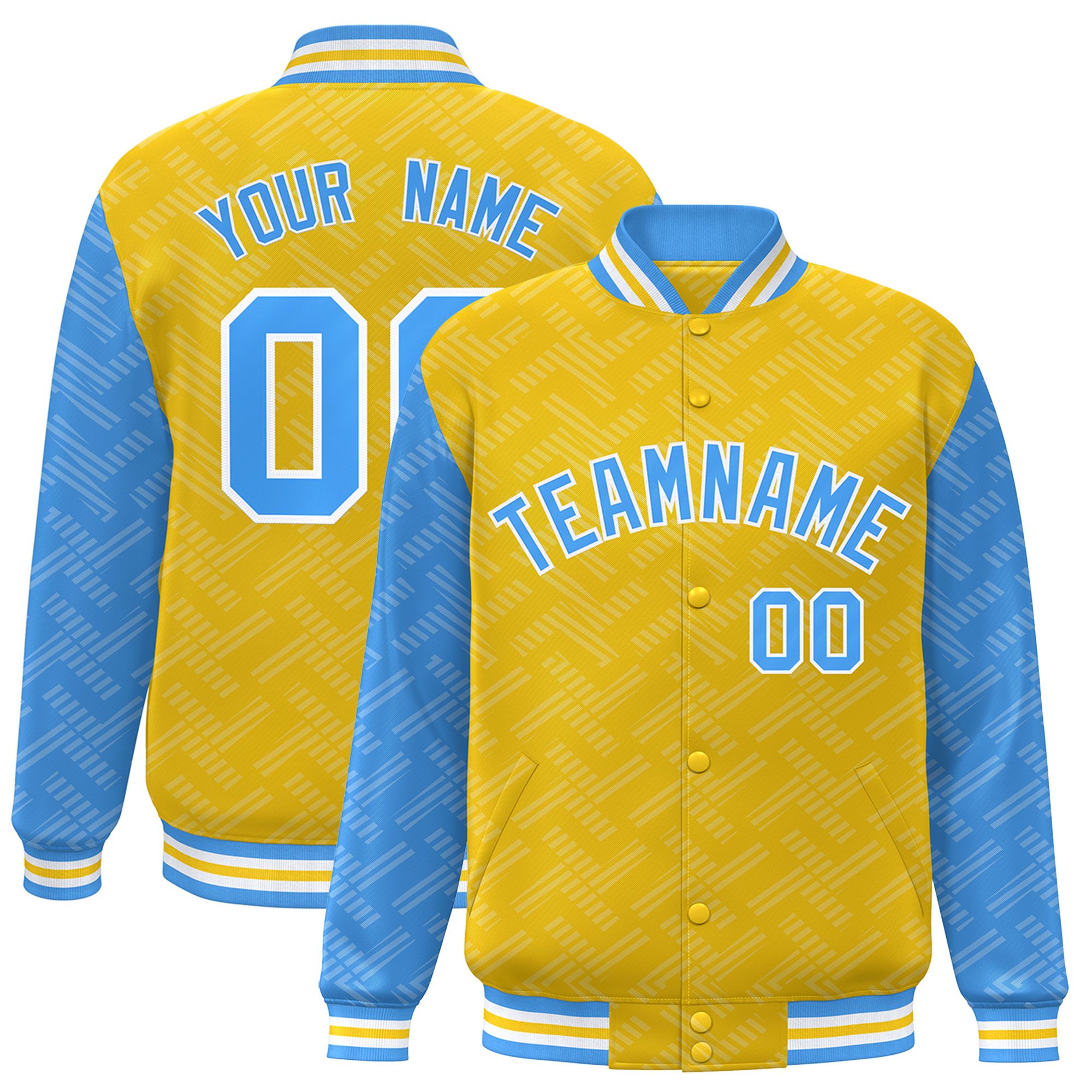 Custom Gold Powder Blue L Pattern Varsity Raglan Sleeves Full-Snap Letterman Baseball Jacket