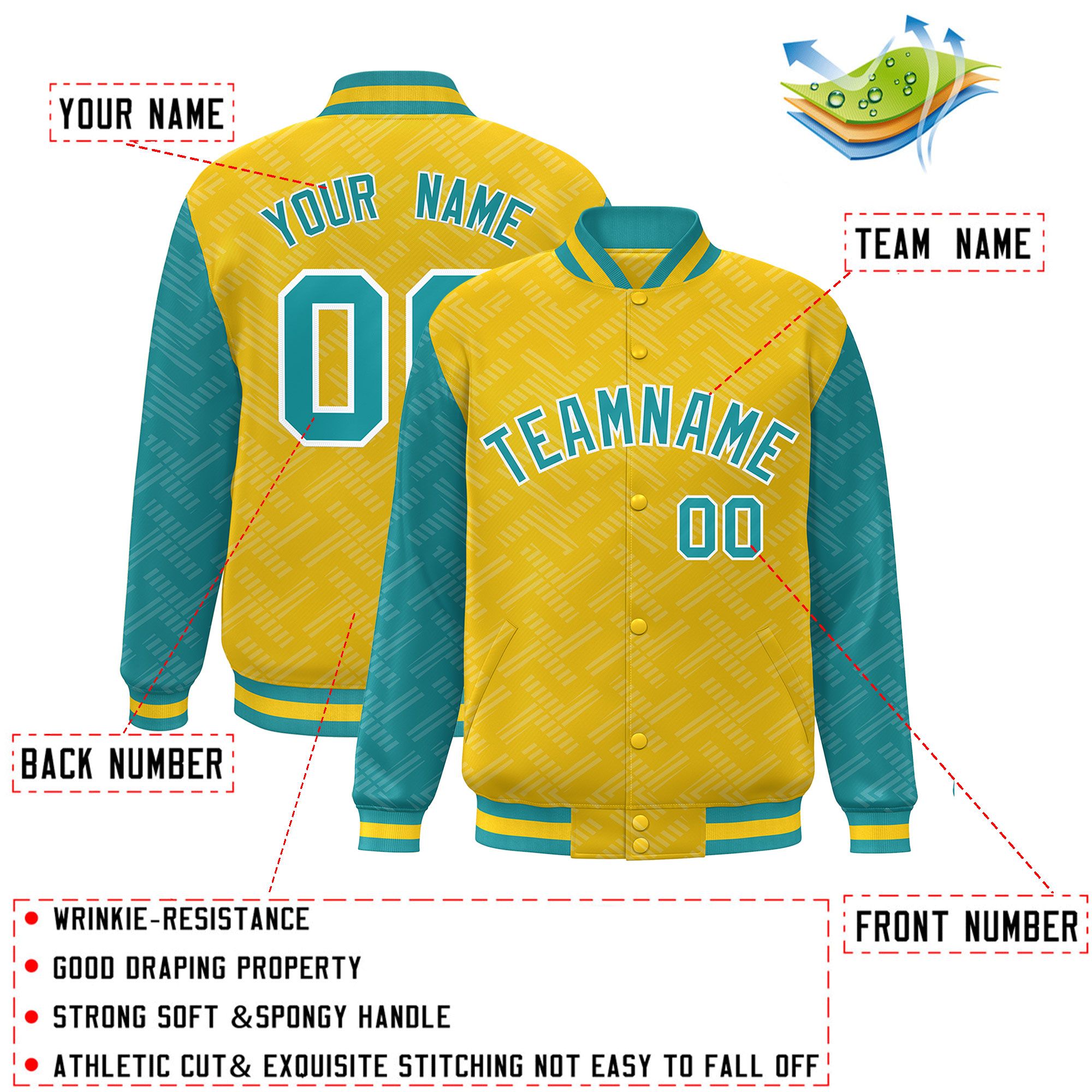 Custom Gold Aqua L Pattern Varsity Raglan Sleeves Full-Snap Letterman Baseball Jacket