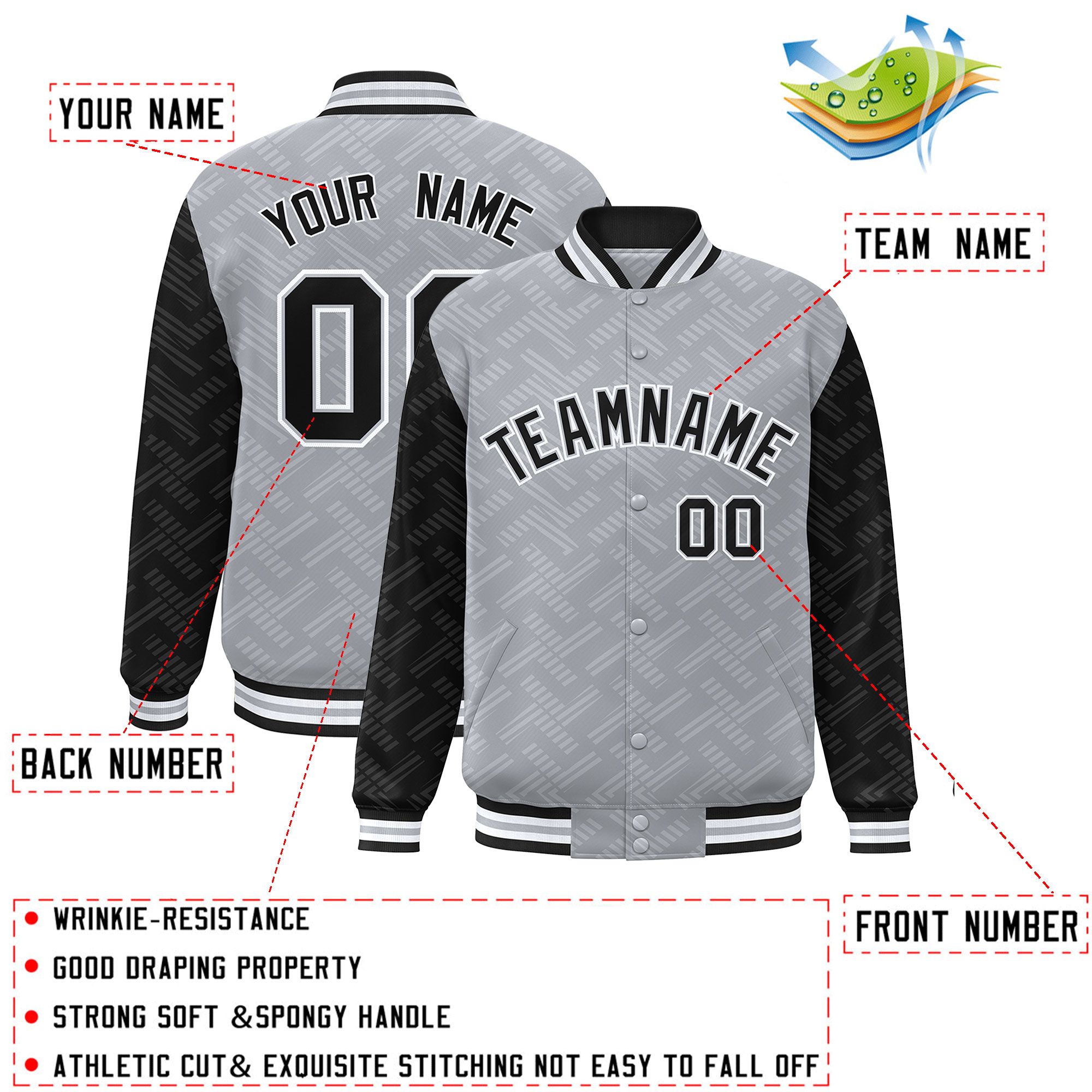 Custom Gray Black L Pattern Varsity Raglan Sleeves Full-Snap Letterman Baseball Jacket