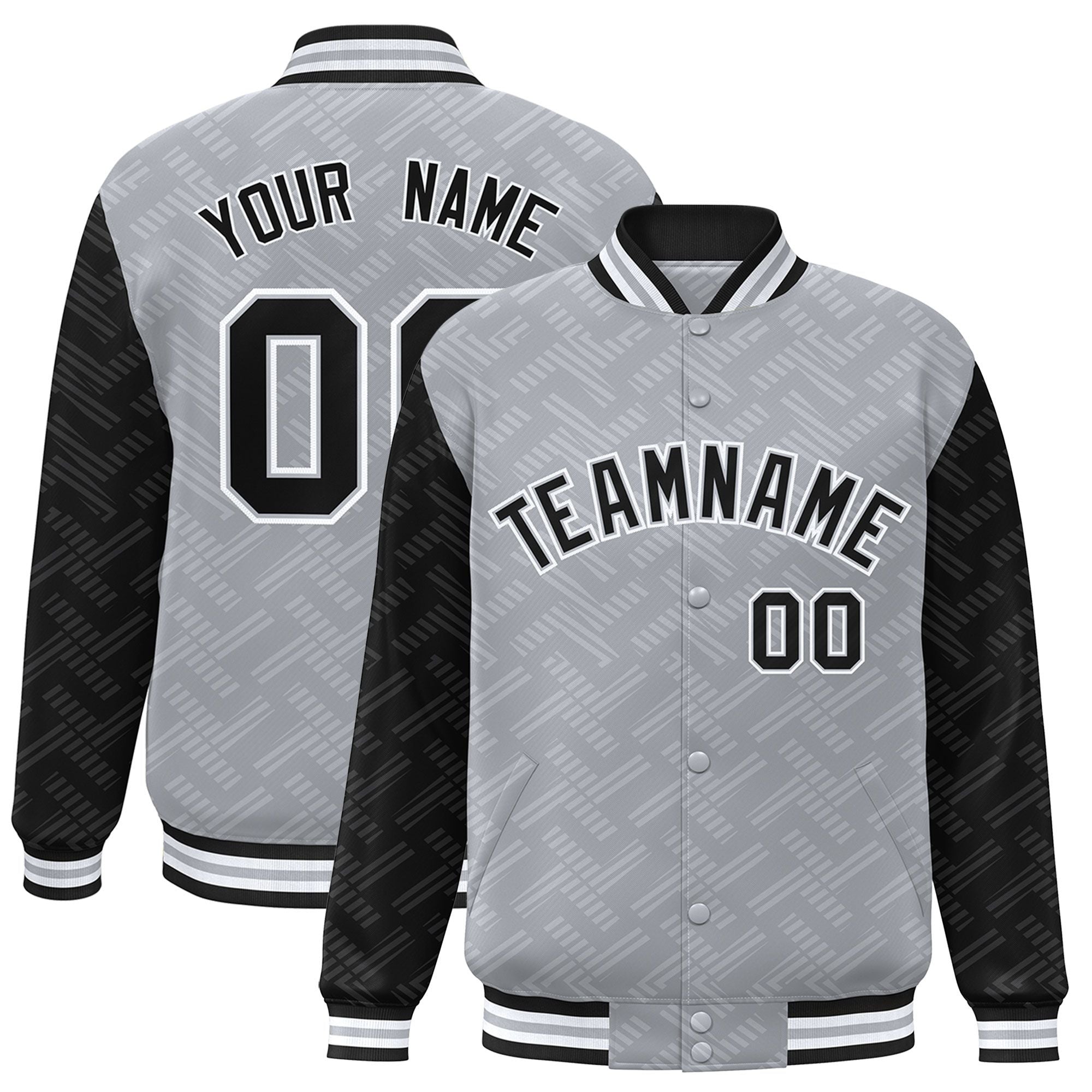 Custom Gray Black L Pattern Varsity Raglan Sleeves Full-Snap Letterman Baseball Jacket