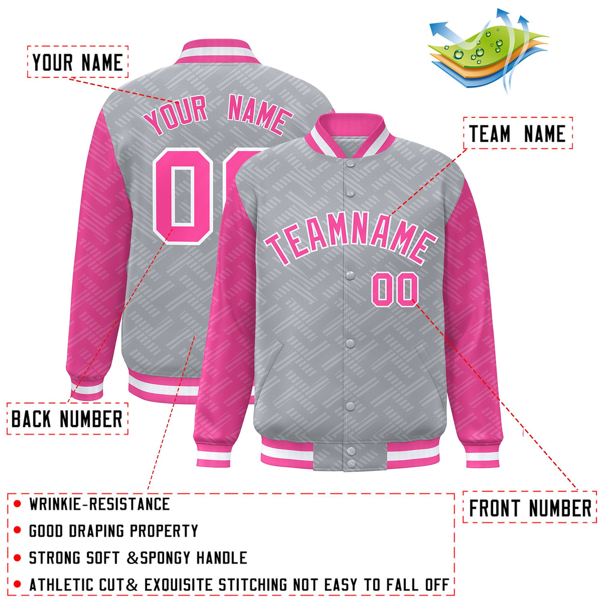 Custom Gray Pink L Pattern Varsity Raglan Sleeves Full-Snap Letterman Baseball Jacket