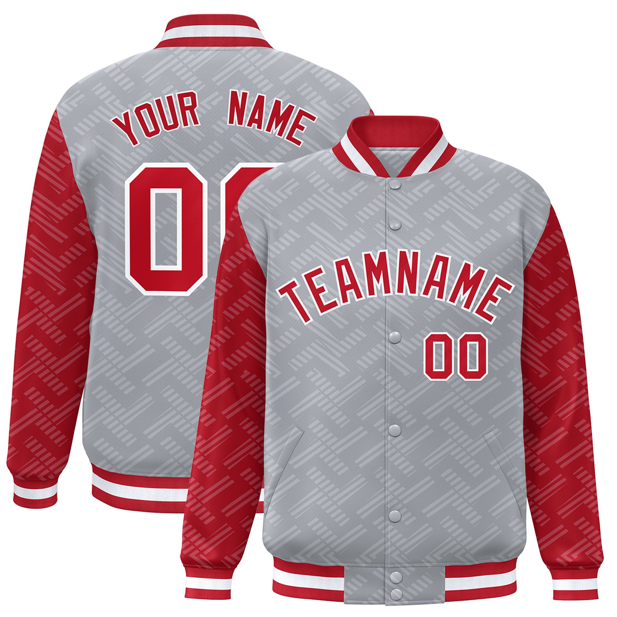 Custom Gray Red L Pattern Varsity Raglan Sleeves Full-Snap Letterman Baseball Jacket