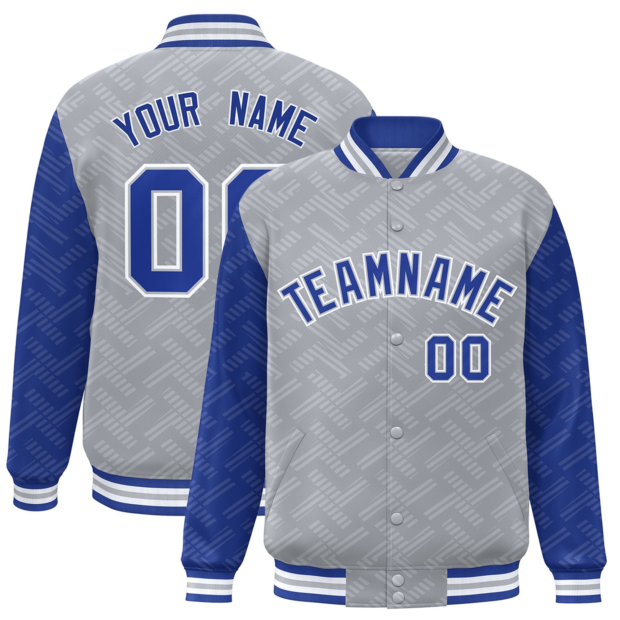 Custom Gray Royal L Pattern Varsity Raglan Sleeves Full-Snap Letterman Baseball Jacket