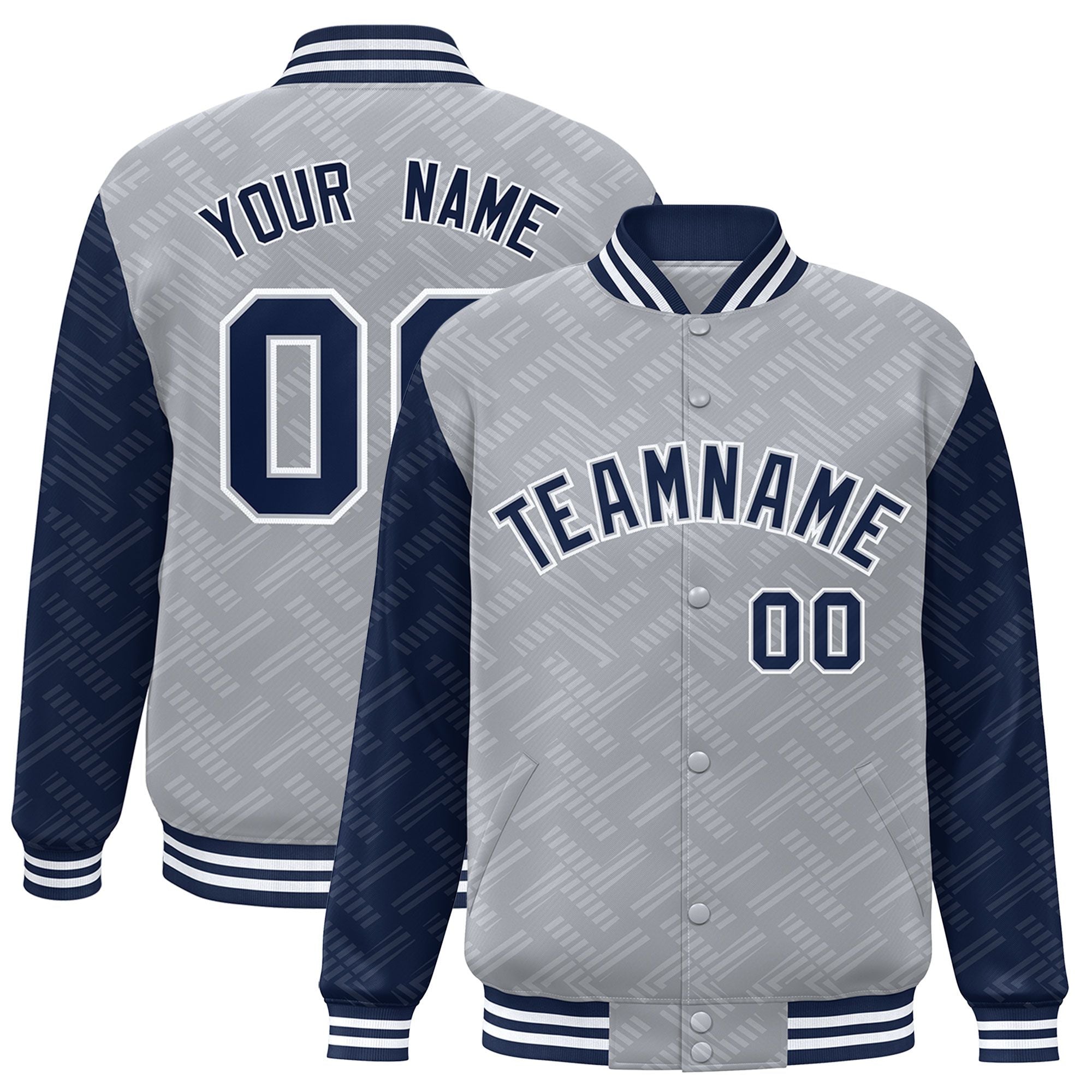 Custom Gray Navy L Pattern Varsity Raglan Sleeves Full-Snap Letterman Baseball Jacket