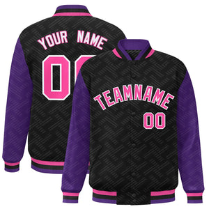 Custom Black Purple L Pattern Varsity Raglan Sleeves Full-Snap Letterman Baseball Jacket