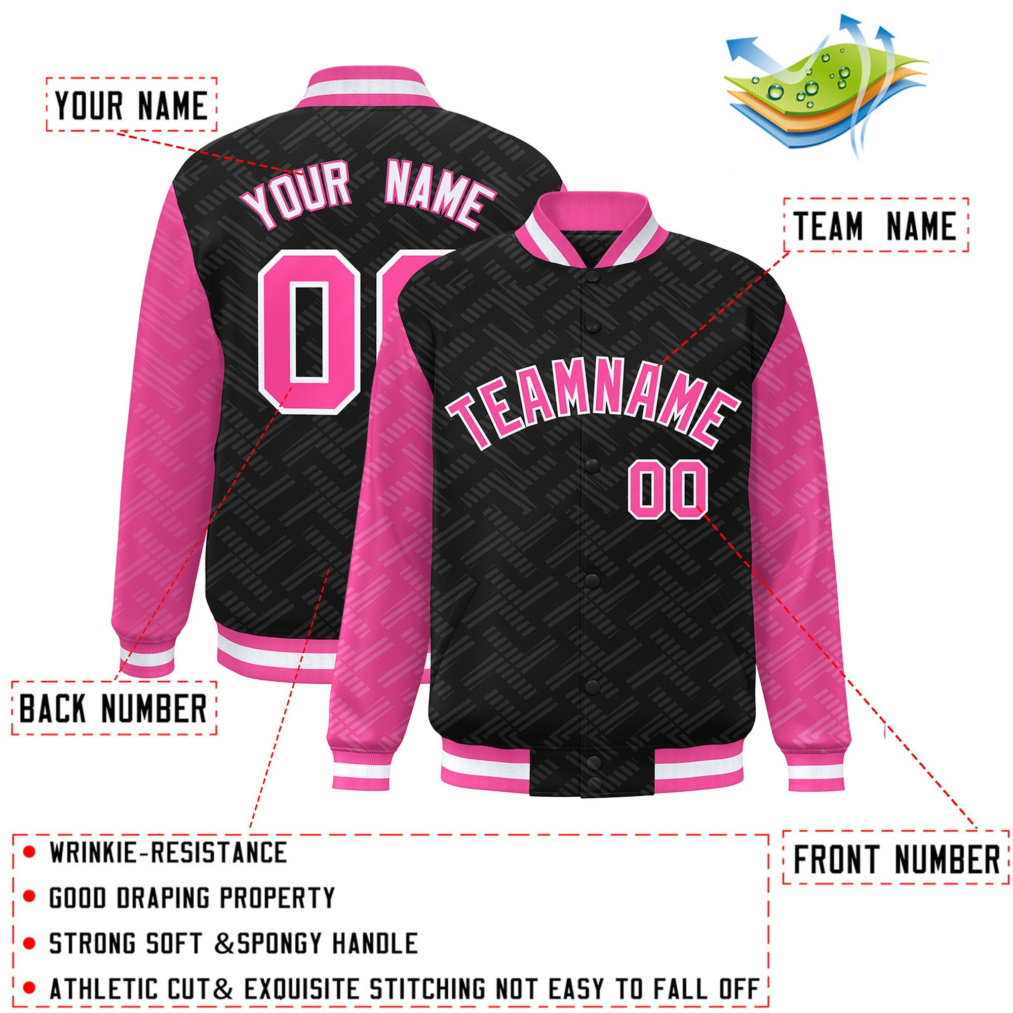 Custom Black Pink L Pattern Varsity Raglan Sleeves Full-Snap Letterman Baseball Jacket