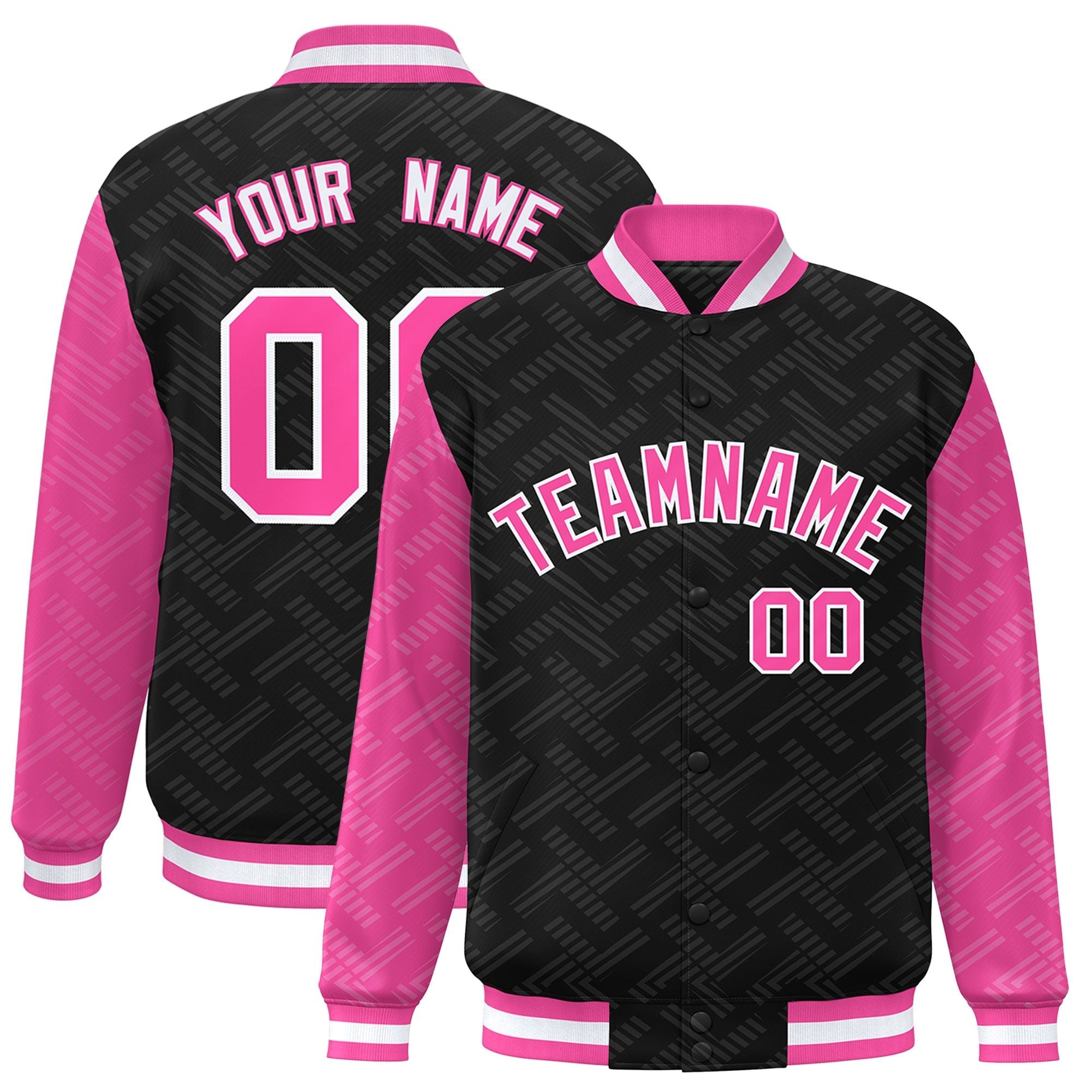 Custom Black Pink L Pattern Varsity Raglan Sleeves Full-Snap Letterman Baseball Jacket