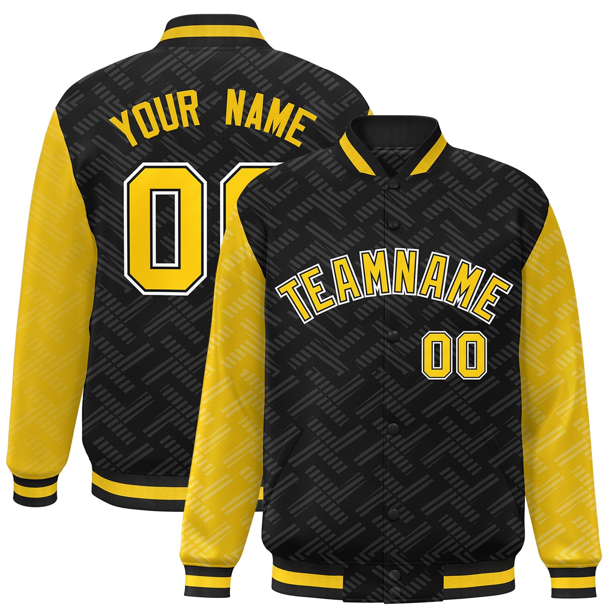 Custom Black Gold L Pattern Varsity Raglan Sleeves Full-Snap Letterman Baseball Jacket