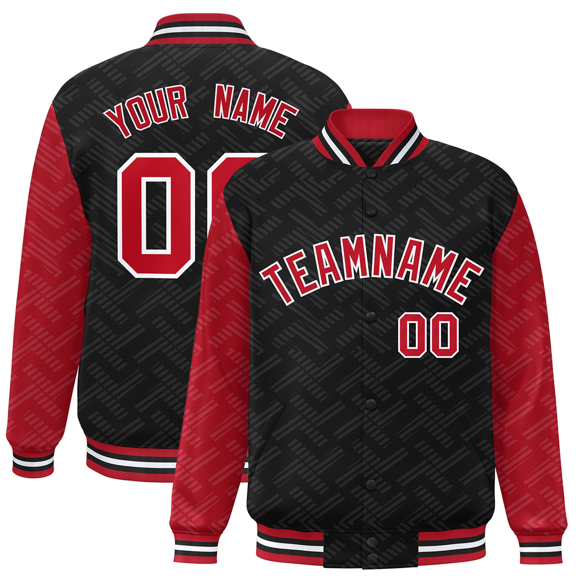 Custom Black Red L Pattern Varsity Raglan Sleeves Full-Snap Letterman Baseball Jacket