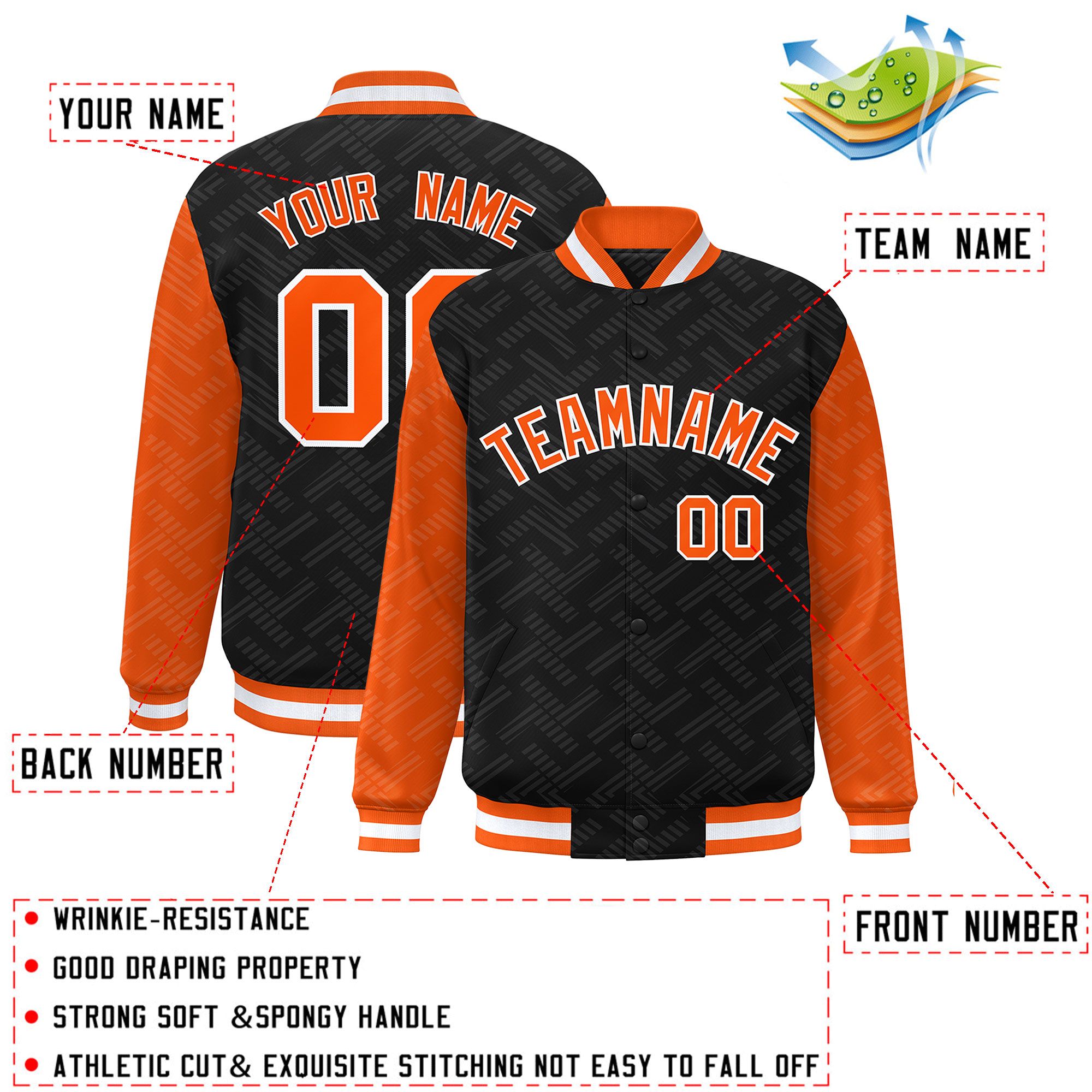 Custom Black Orange L Pattern Varsity Raglan Sleeves Full-Snap Letterman Baseball Jacket