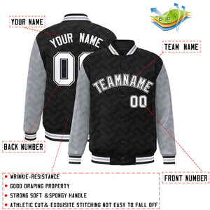 Custom Black Gray L Pattern Varsity Raglan Sleeves Full-Snap Letterman Baseball Jacket