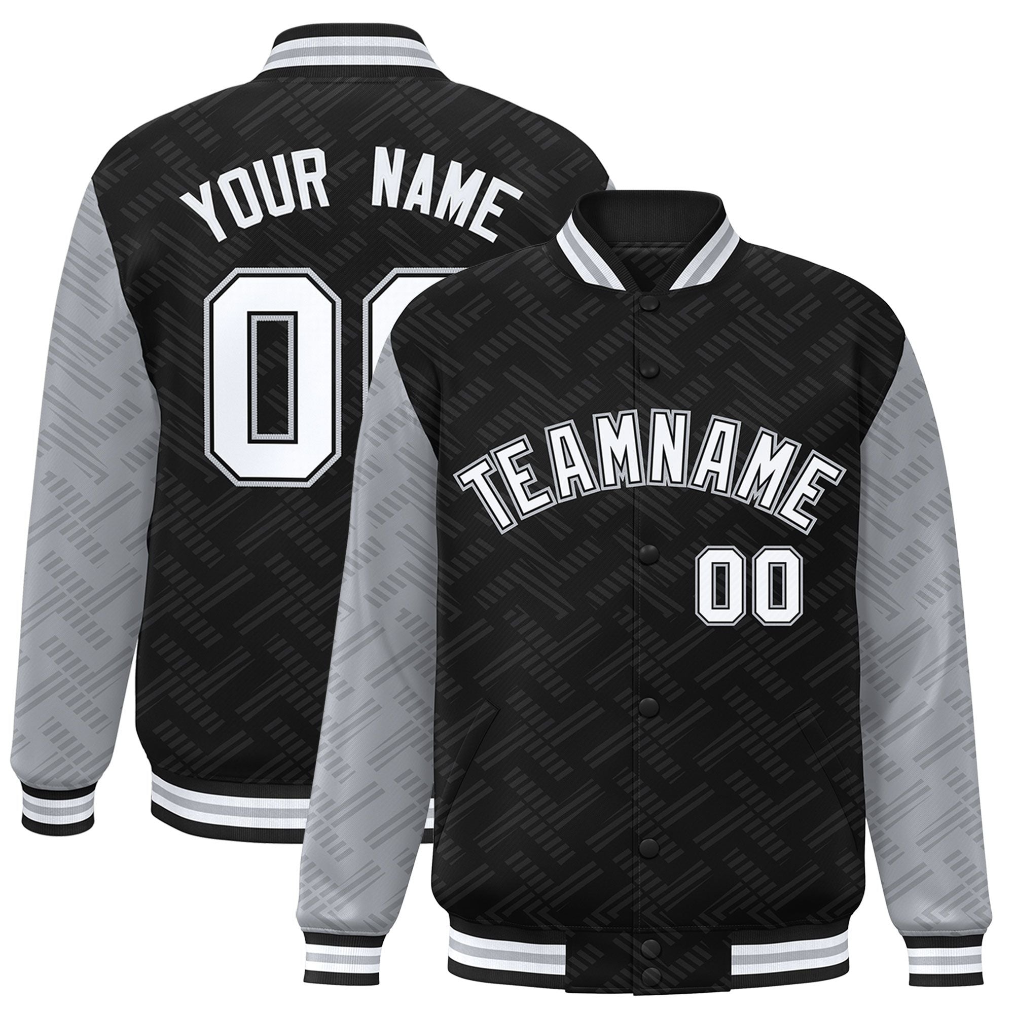 Custom Black Gray L Pattern Varsity Raglan Sleeves Full-Snap Letterman Baseball Jacket