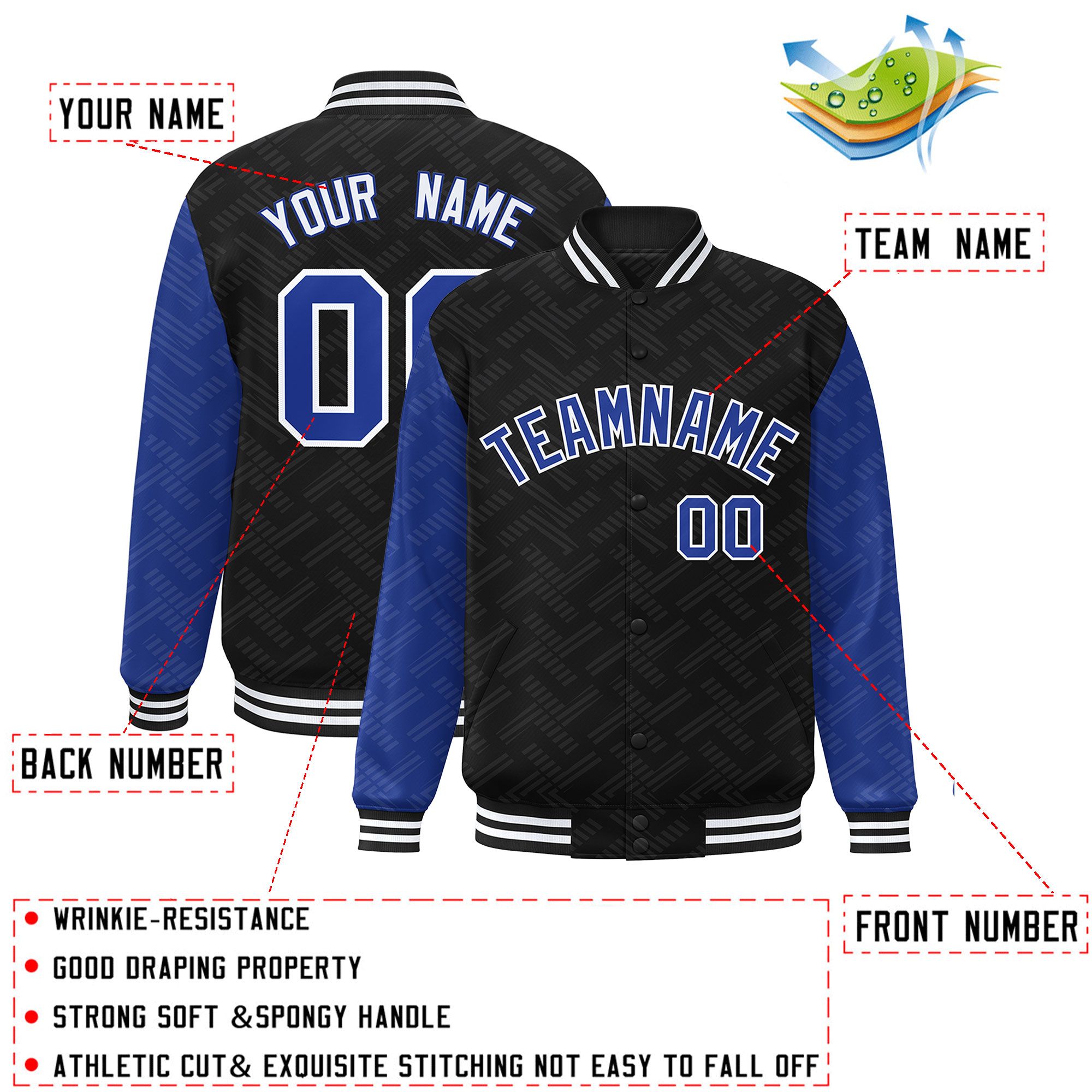 Custom Black Royal L Pattern Varsity Raglan Sleeves Full-Snap Letterman Baseball Jacket