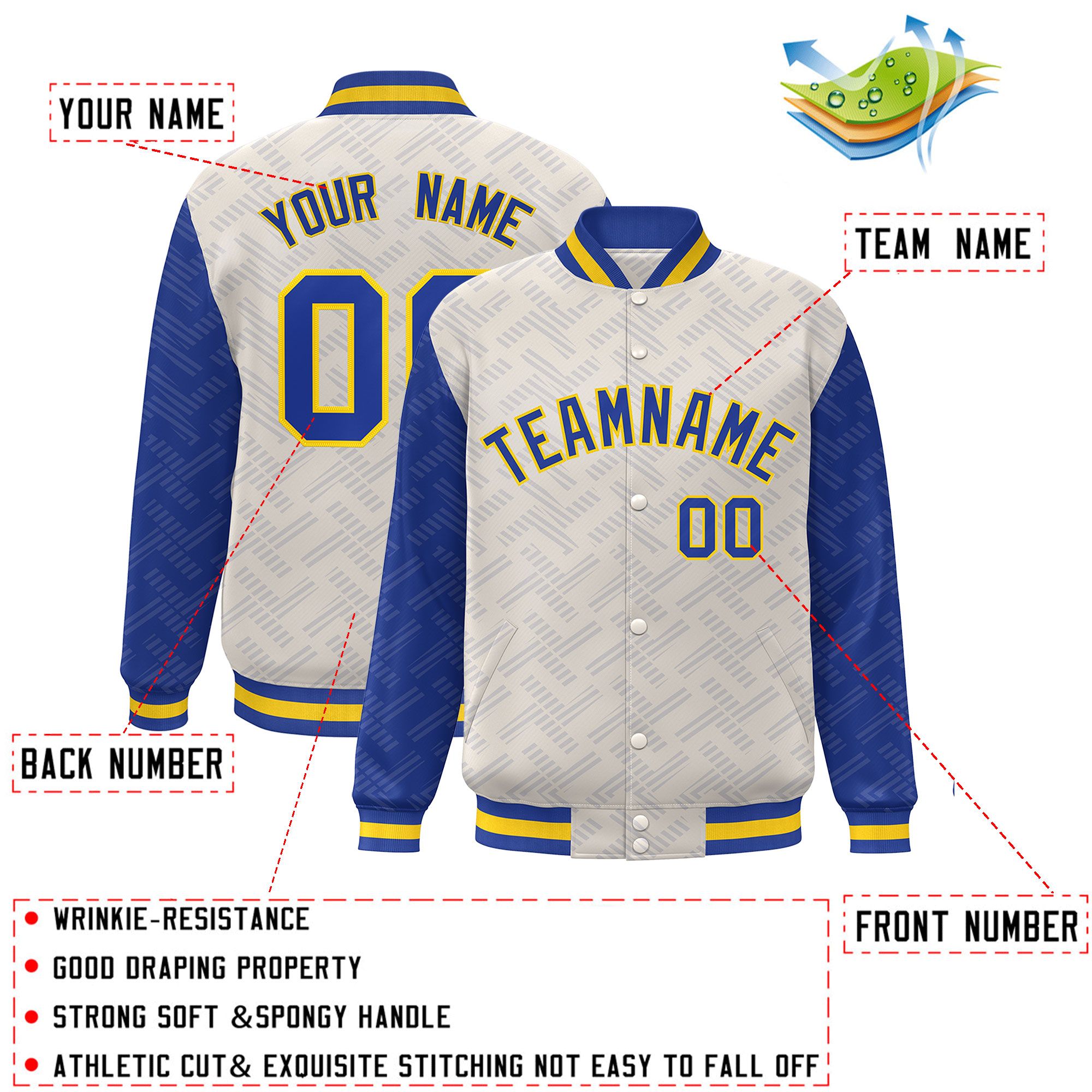 Custom Cream Royal L Pattern Varsity Raglan Sleeves Full-Snap Letterman Baseball Jacket