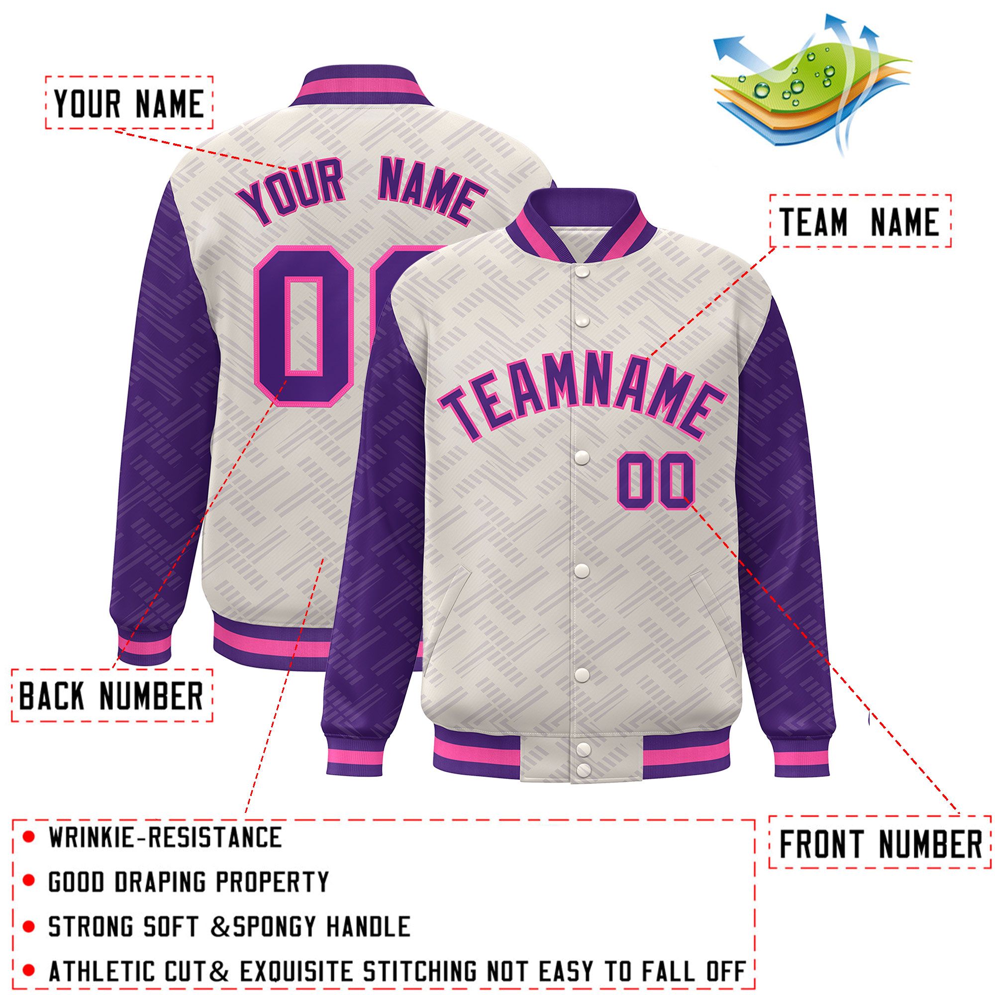 Custom Cream Purple L Pattern Varsity Raglan Sleeves Full-Snap Letterman Baseball Jacket