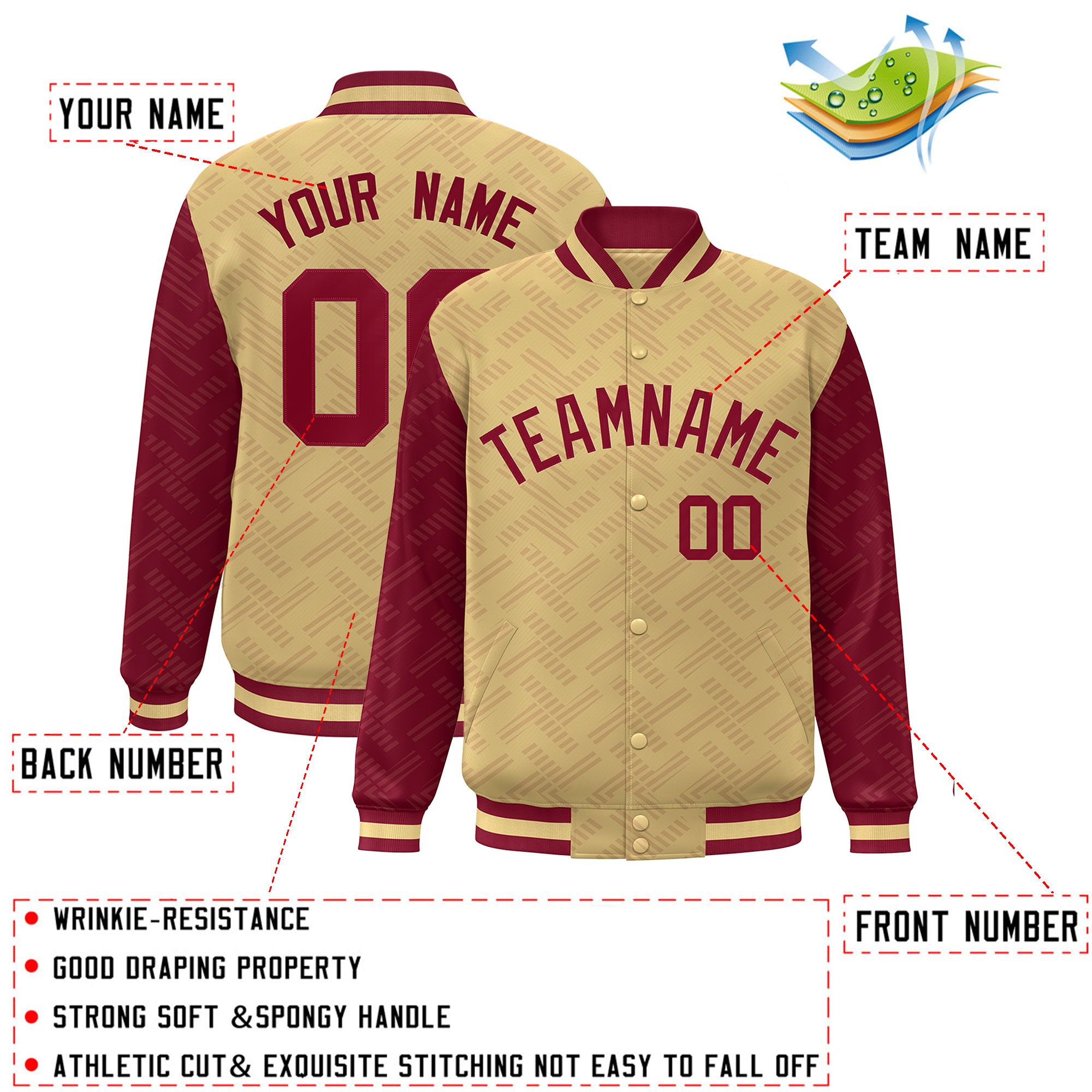 Custom Khaki Crimson L Pattern Varsity Raglan Sleeves Full-Snap Letterman Baseball Jacket