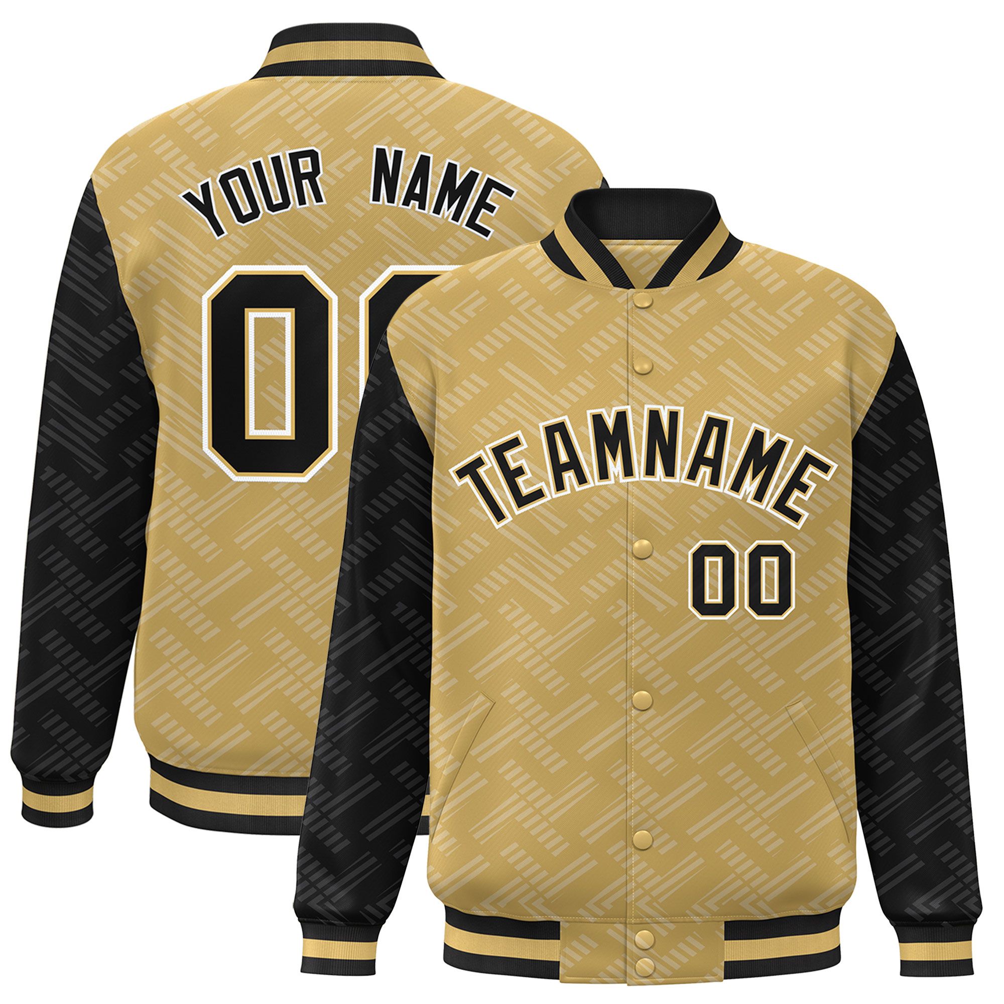 Custom Old Gold Black L Pattern Varsity Raglan Sleeves Full-Snap Letterman Baseball Jacket