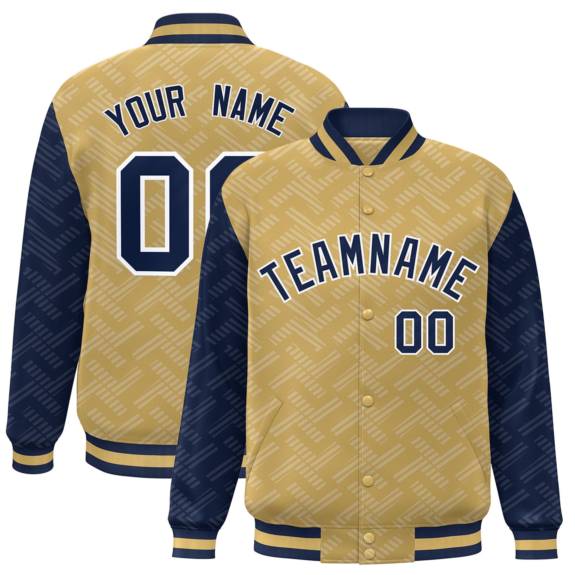 Custom Old Gold Navy L Pattern Varsity Raglan Sleeves Full-Snap Letterman Baseball Jacket