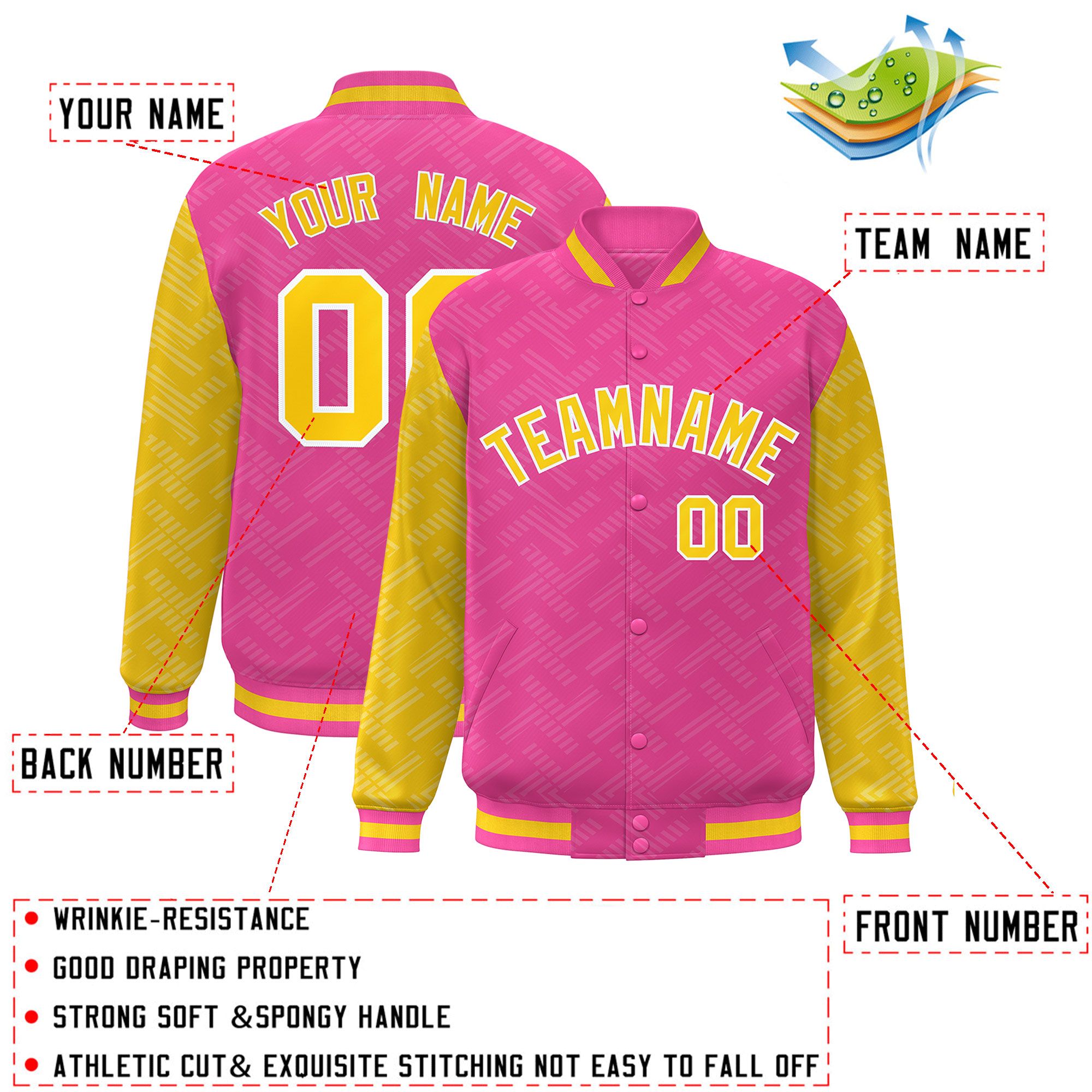 Custom Pink Gold L Pattern Varsity Raglan Sleeves Full-Snap Letterman Baseball Jacket