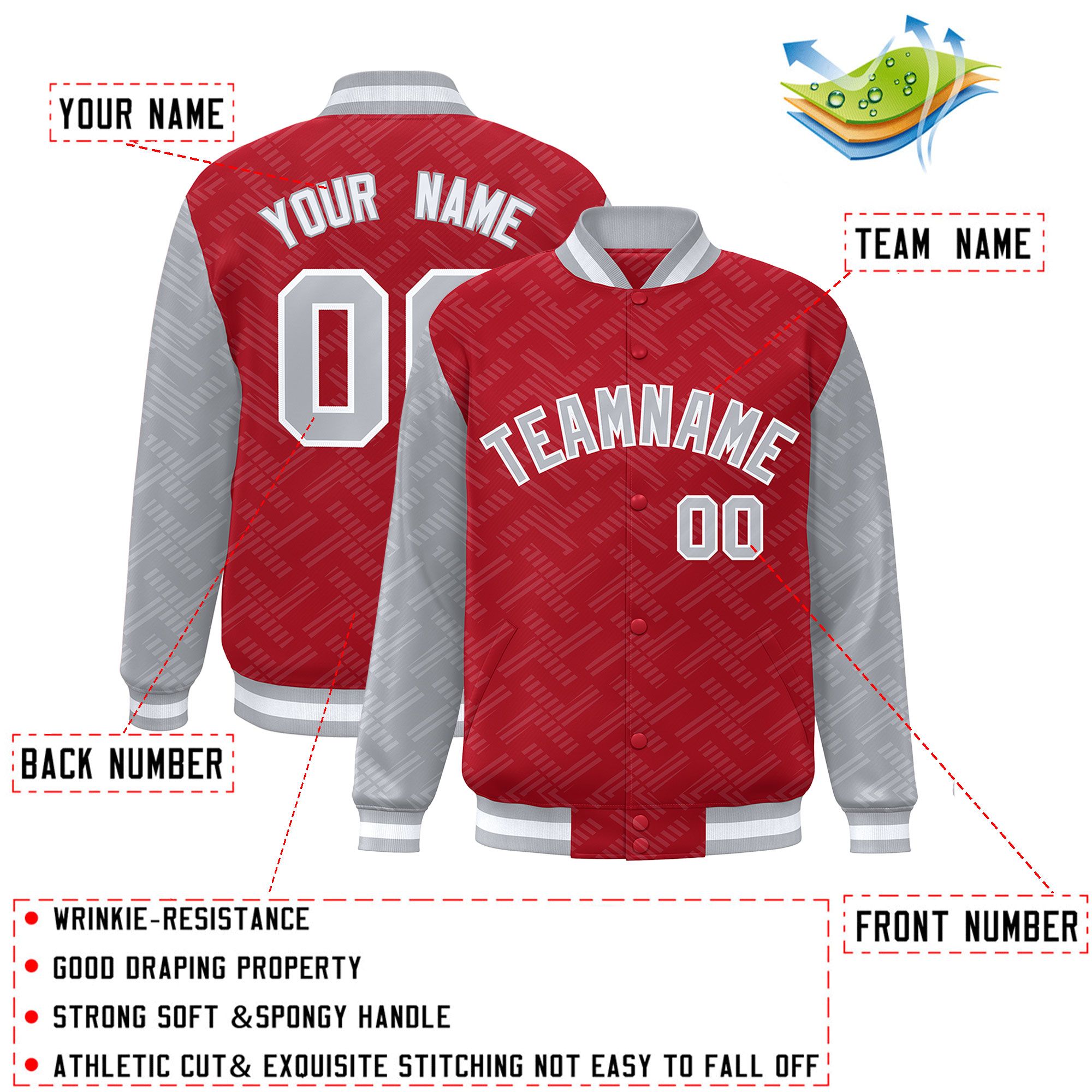 Custom Red Gray L Pattern Varsity Raglan Sleeves Full-Snap Letterman Baseball Jacket