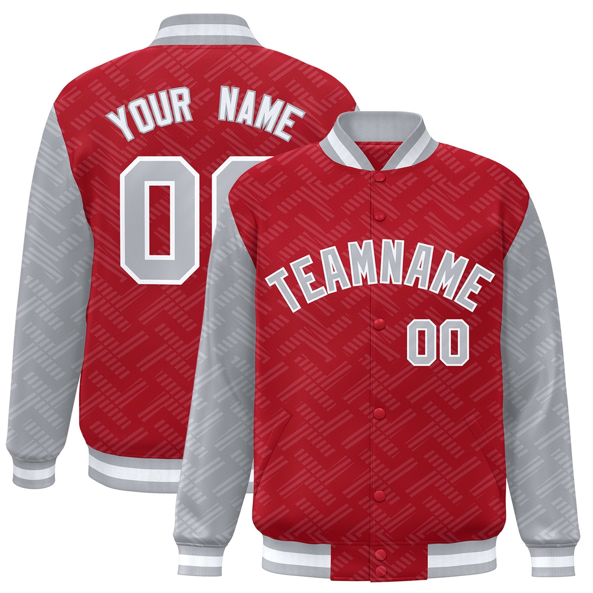 Custom Red Gray L Pattern Varsity Raglan Sleeves Full-Snap Letterman Baseball Jacket