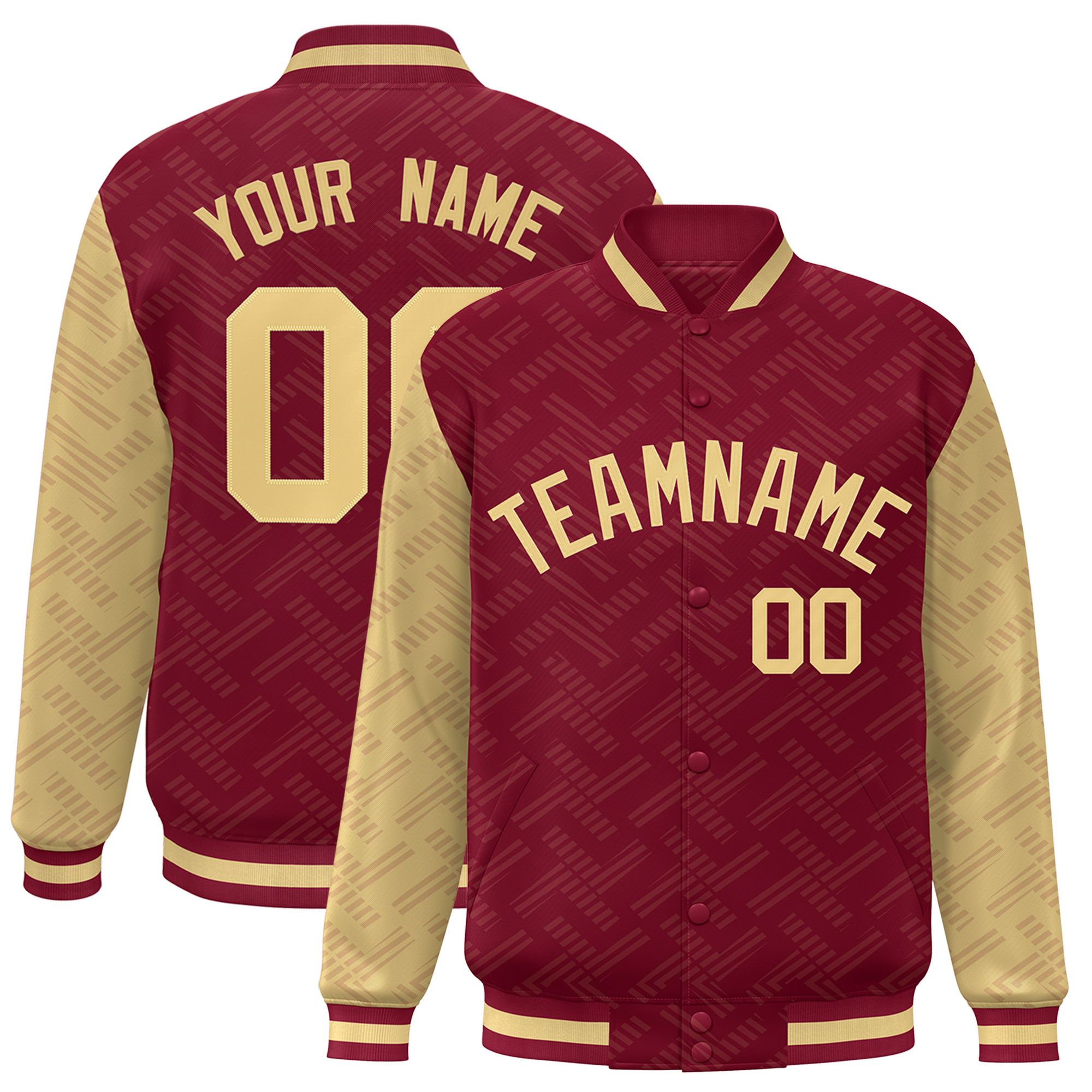 Custom Crimson Khaki L Pattern Varsity Raglan Sleeves Full-Snap Letterman Baseball Jacket