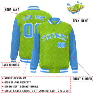 Custom Neon Green Powder Blue L Pattern Varsity Raglan Sleeves Full-Snap Letterman Baseball Jacket