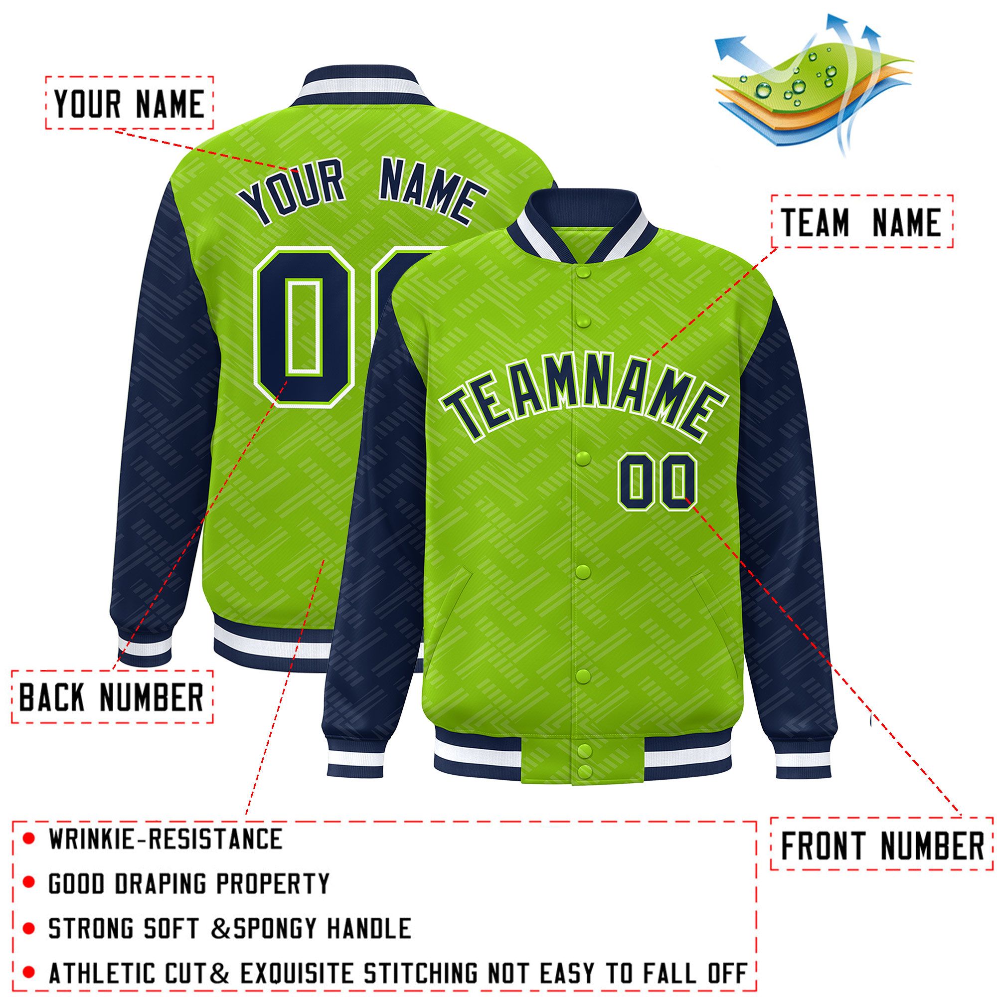 Custom Neon Green Navy L Pattern Varsity Raglan Sleeves Full-Snap Letterman Baseball Jacket