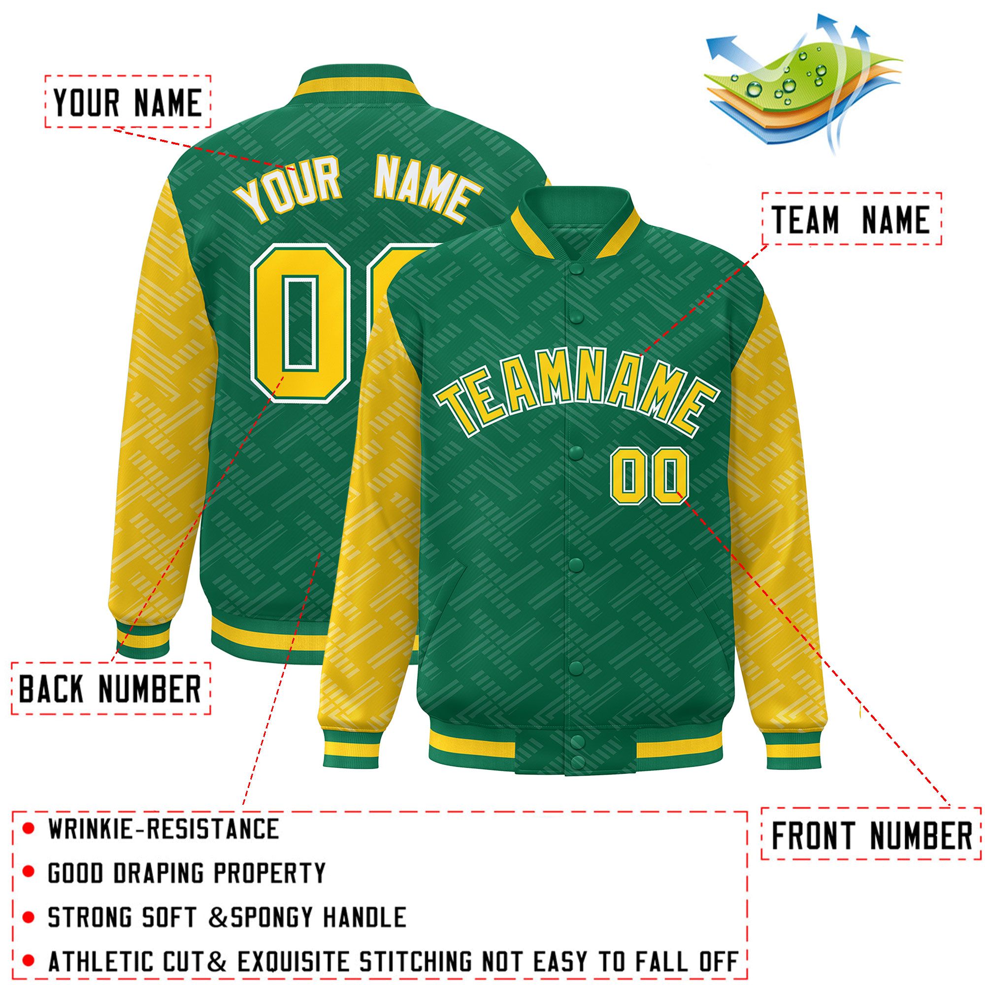 Custom Kelly Green Gold L Pattern Varsity Raglan Sleeves Full-Snap Letterman Baseball Jacket