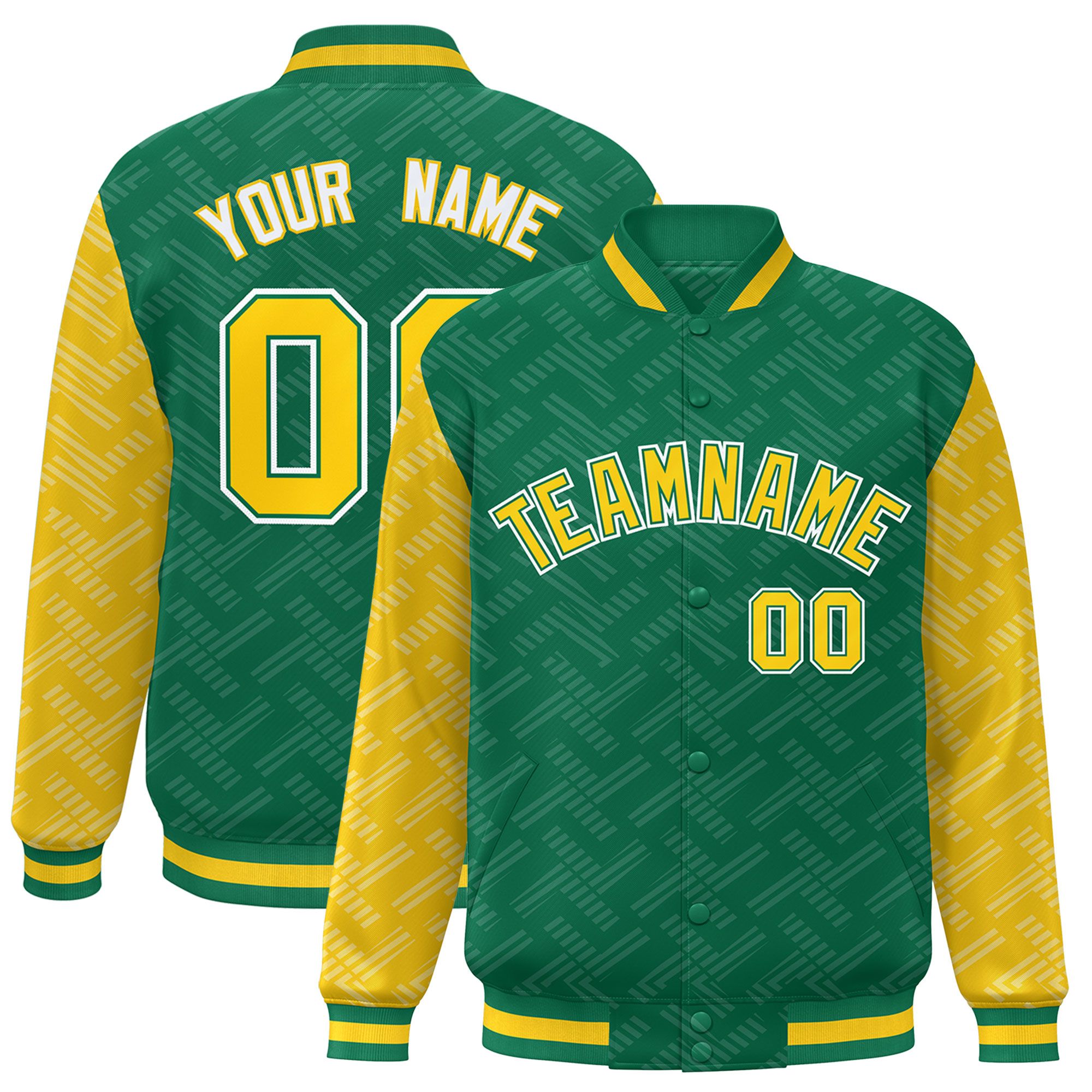 Custom Kelly Green Gold L Pattern Varsity Raglan Sleeves Full-Snap Letterman Baseball Jacket