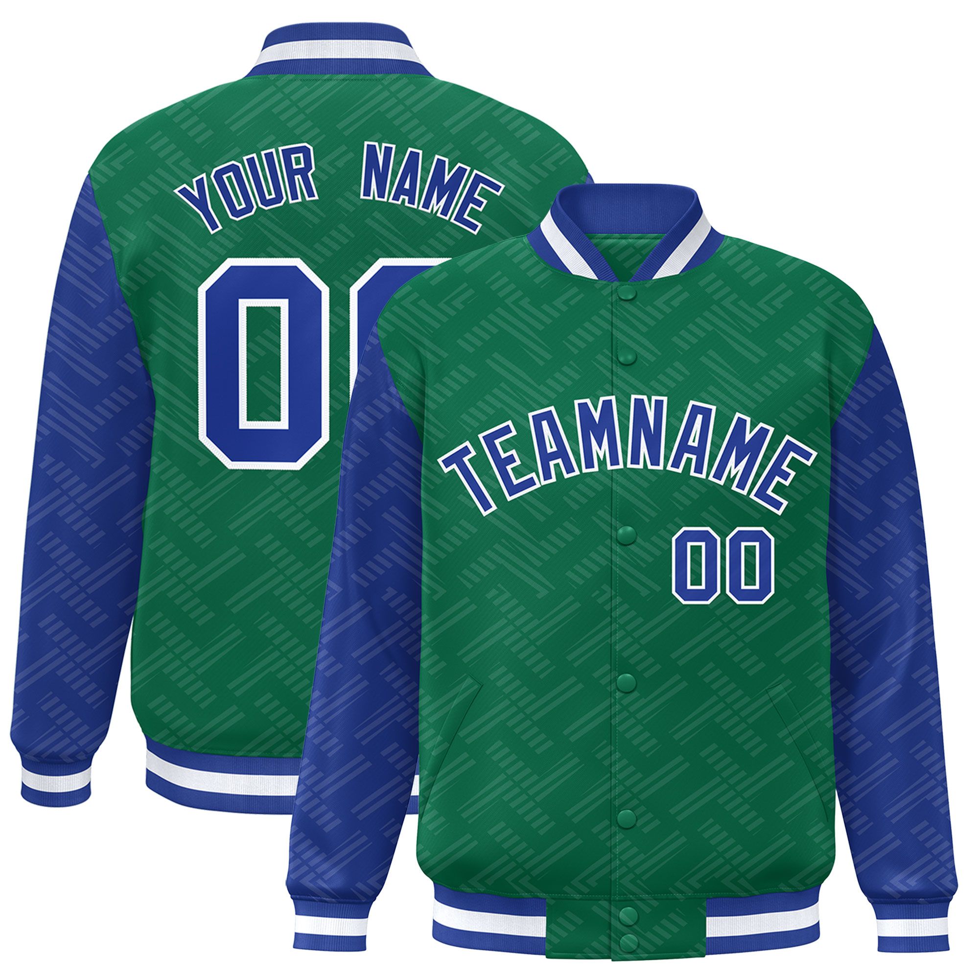 Custom Kelly Green Royal L Pattern Varsity Raglan Sleeves Full-Snap Letterman Baseball Jacket