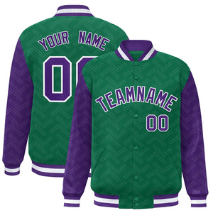 Custom Kelly Green Purple L Pattern Varsity Raglan Sleeves Full-Snap Letterman Baseball Jacket