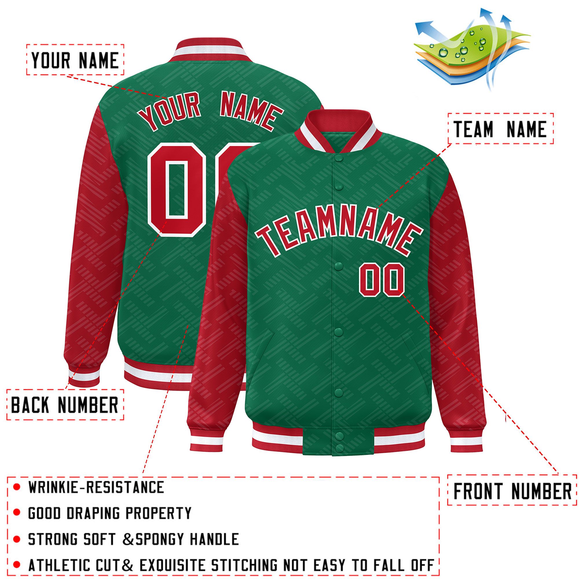 Custom Kelly Green Red L Pattern Varsity Raglan Sleeves Full-Snap Letterman Baseball Jacket