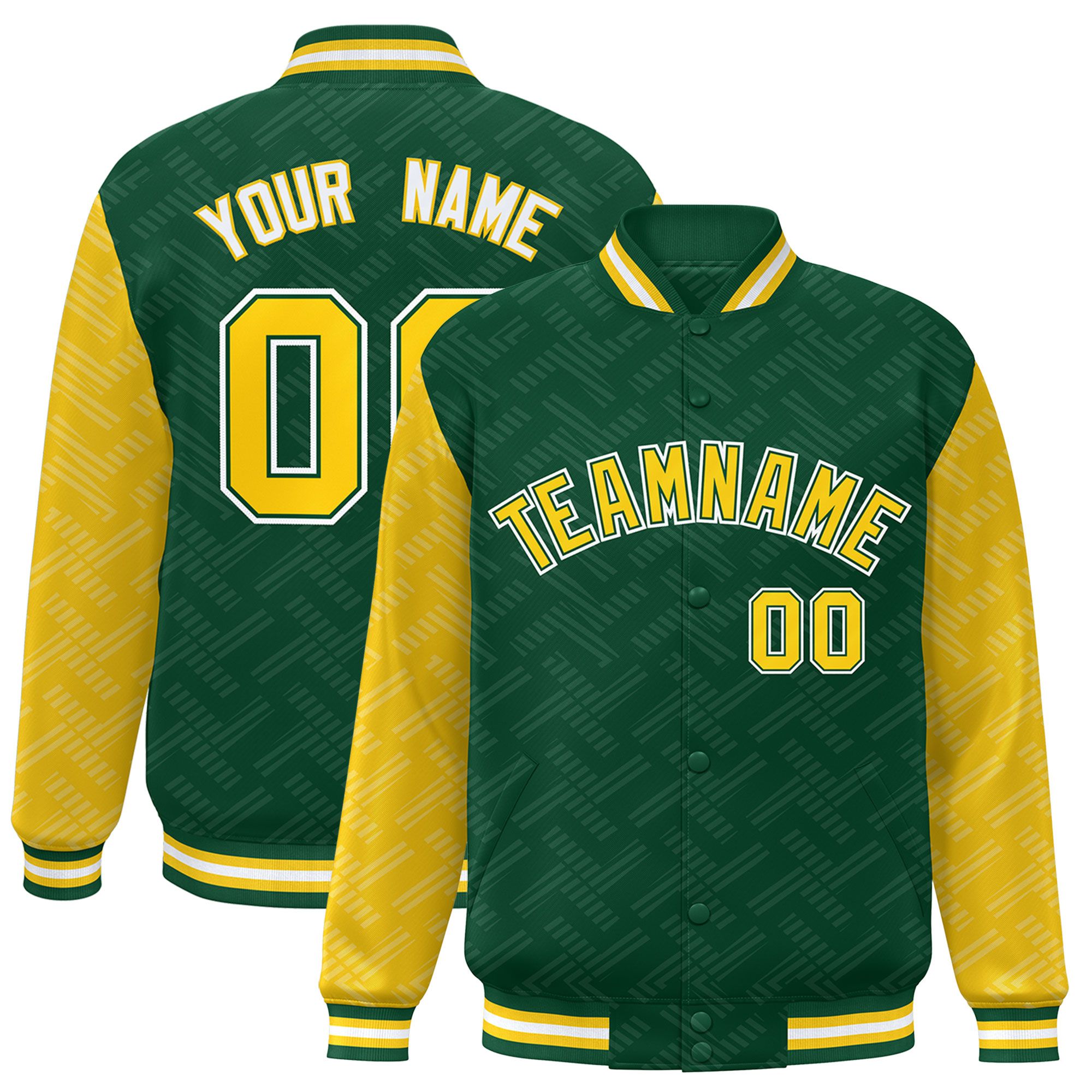 Custom Green Gold L Pattern Varsity Raglan Sleeves Full-Snap Letterman Baseball Jacket