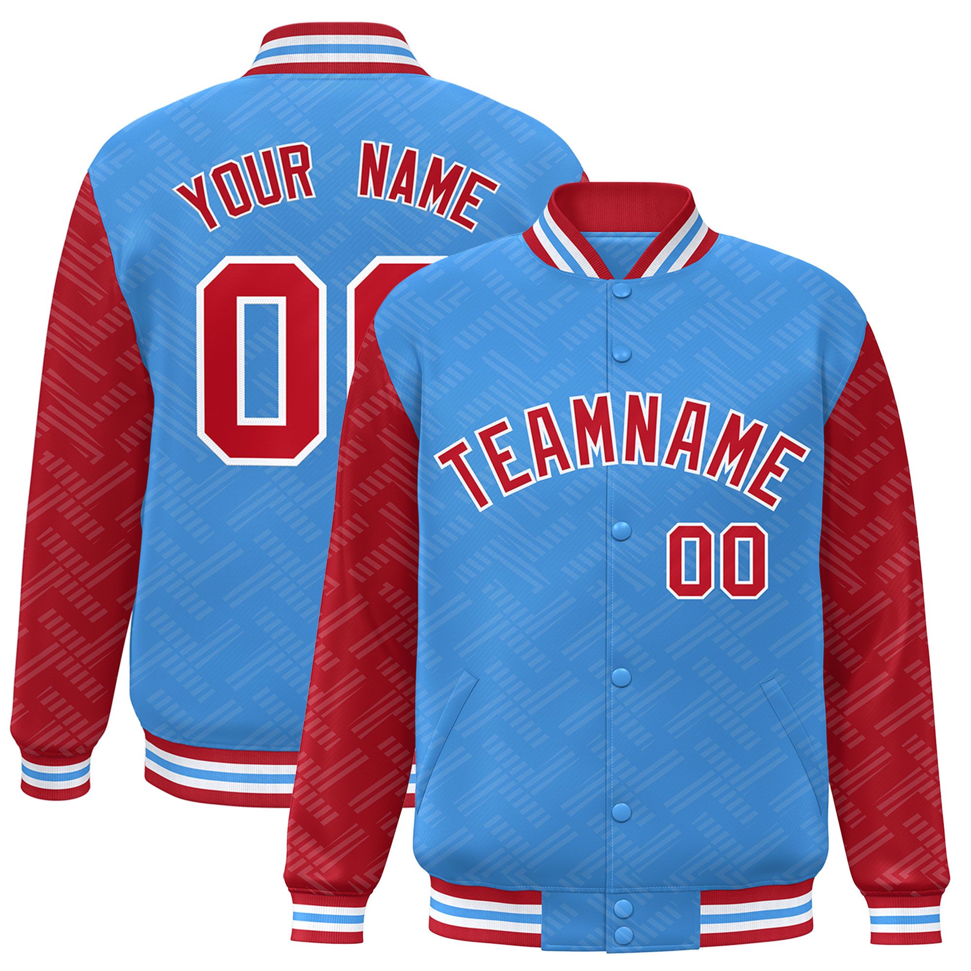 Custom Powder Blue Red L Pattern Varsity Raglan Sleeves Full-Snap Letterman Baseball Jacket