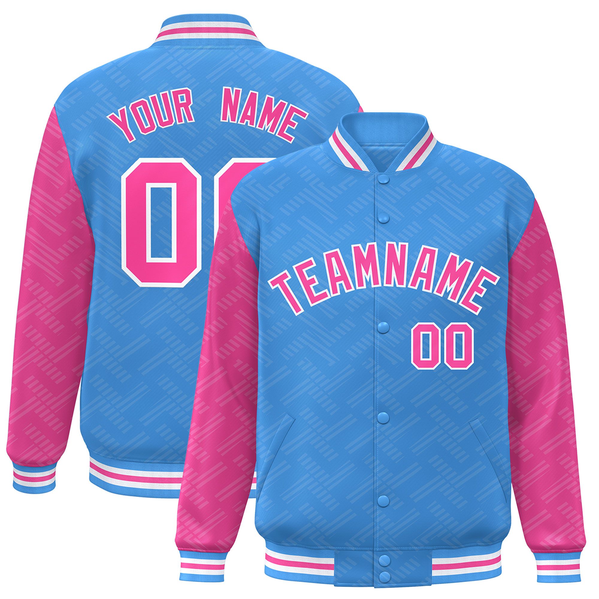 Custom Powder Blue Pink L Pattern Varsity Raglan Sleeves Full-Snap Letterman Baseball Jacket