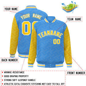 Custom Powder Blue Gold L Pattern Varsity Raglan Sleeves Full-Snap Letterman Baseball Jacket