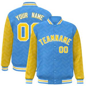 Custom Powder Blue Gold L Pattern Varsity Raglan Sleeves Full-Snap Letterman Baseball Jacket